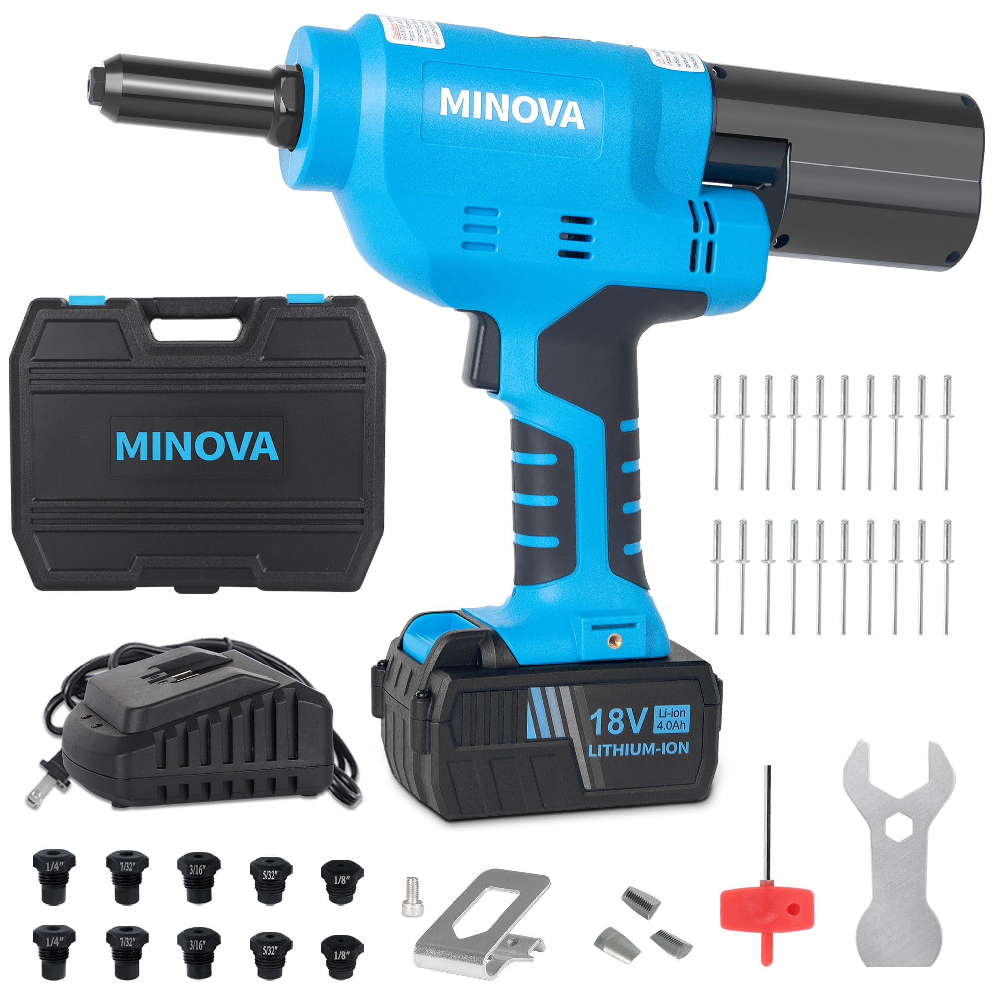 Minova Pistola de remache sin escobillas, herramienta de remache inalámbrica compatible con remaches de acero inoxidable de 6,4 mm, retroceso automático con batería de 18 V 4,0 Ah (2 piezas) 1