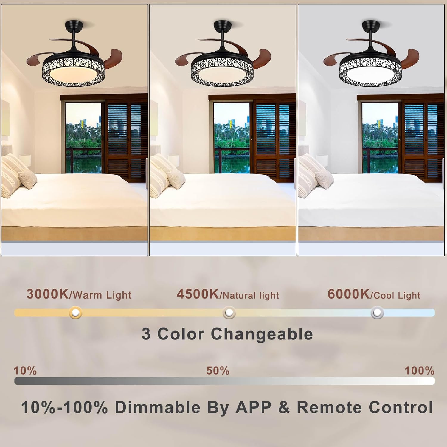 Ohniyou Retractable Ceiling Fan showing 3 color changeable light settings and dimmable range