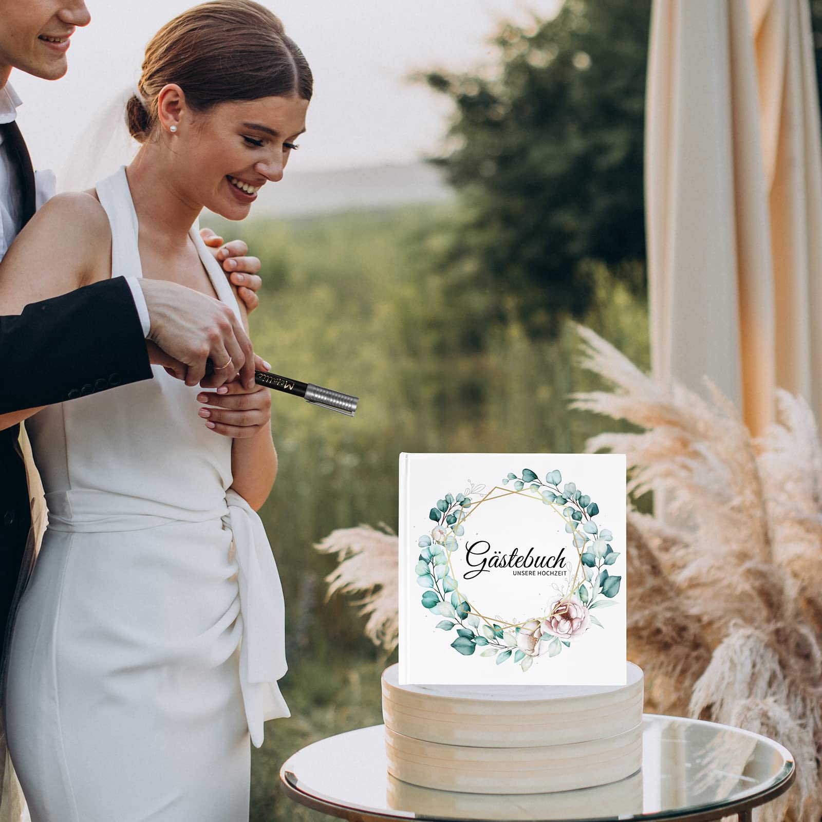 Libro Degli Ospiti Per Matrimonio Forhandy - Kit Completo Con Copertina Rigida Eucalipto Bianco 21x21 Cm, Penna Oro, Adesivi E Angoli Per Foto | Ricordo Unico Per Nozze, Battesimo, Compleanno - 5