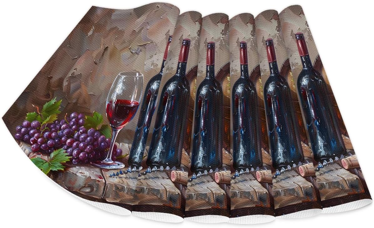 Grape Wine Cup Wedge Placemats Set of 6+1pcs PVC Washable 6+1pcs Wedge Place mats Round Table mat Wipeable Plastic Dining Table mats for Kitchen Indoor Outdoor Patio Table Decor
