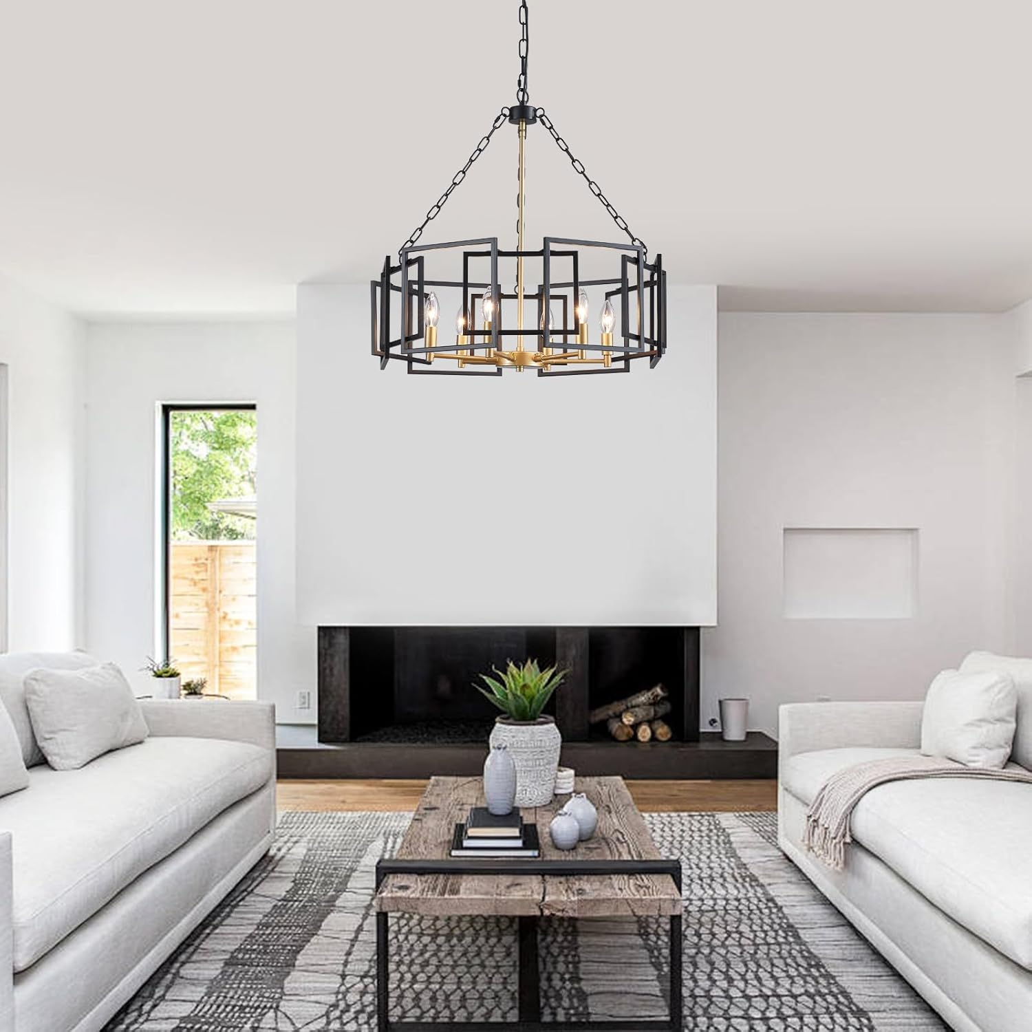XINGQI 25 Inch Black Gold Chandelier 6-Light Large Modern Farmhouse Chandelier Adjustable Height Industrial Pendant Lighting Fixture for Dining Room Living Room Kitchen Island Bedroom Office Metal