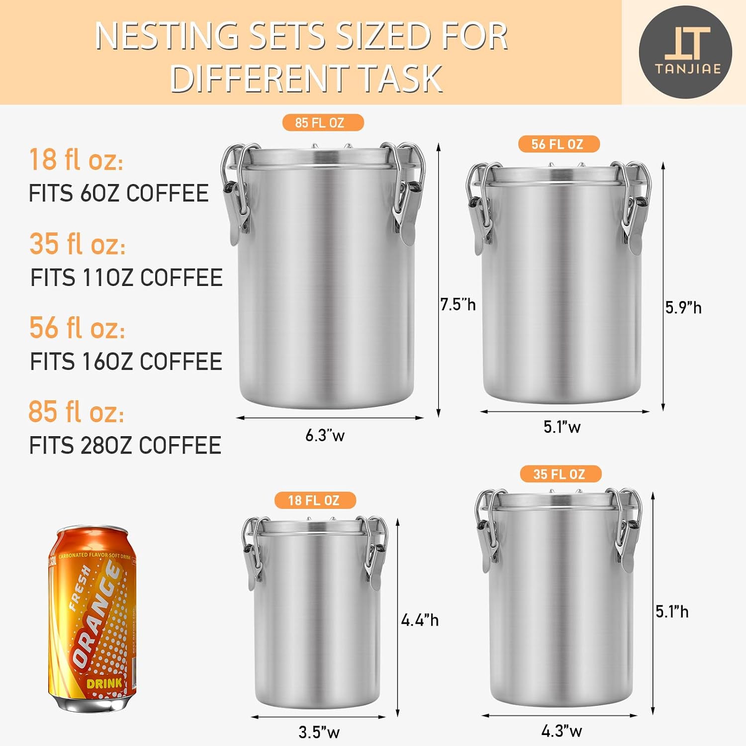 Tanjiae 4-Pack Compact Stainless Steel Airtight Canisters Sets for Small Kitchens | Metal Food Storage Containers with Lids Sealed - Keep Flour, Sugar, Coffee, Tea Fresh for Months (18+35+56+85 fl oz)