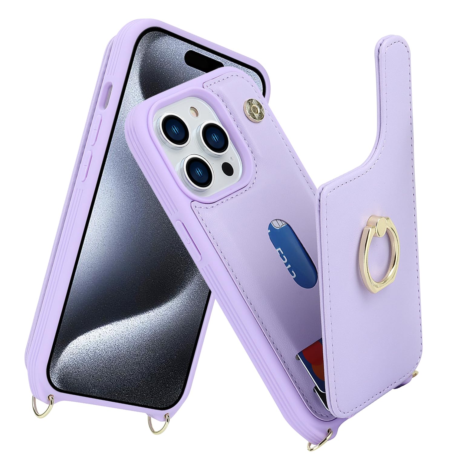 Lipvina for iPhone 15 Pro Max Case with Card Holder for Women,iPhone 15 Pro Max Phone Case with Strap,Crossbody Lanyard,Ring Stand,Snap Clasp,Cute Wallet Cases 6.7
