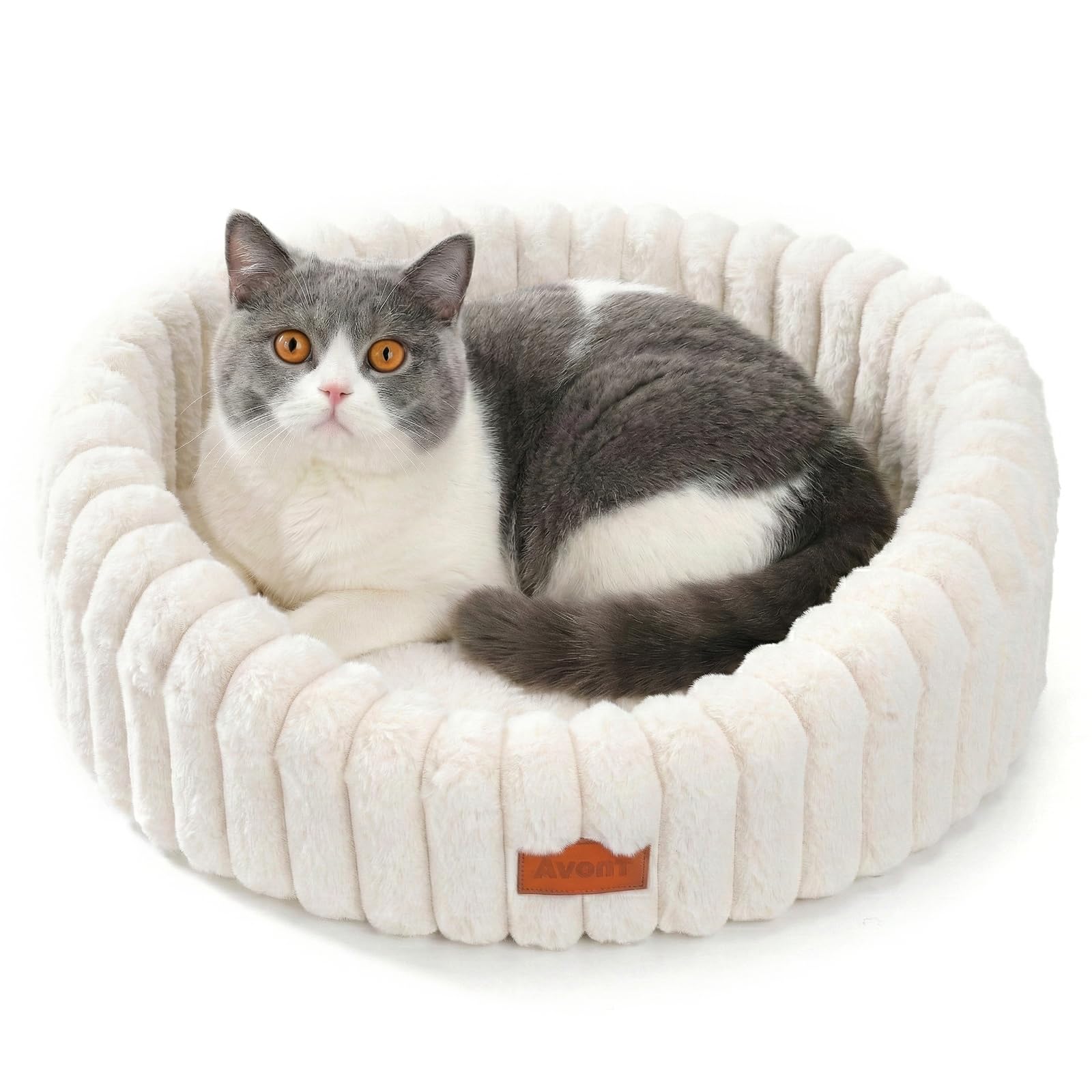 Avont Fluffy Cat Bed for Cats & Small Dogs, Cozy Plush Sleeping Nest for All Sleep Styles, Washable Removable Cushion & Anti-Slip Base, Calming Round Bed for Kittens &Puppy – Cream (M)