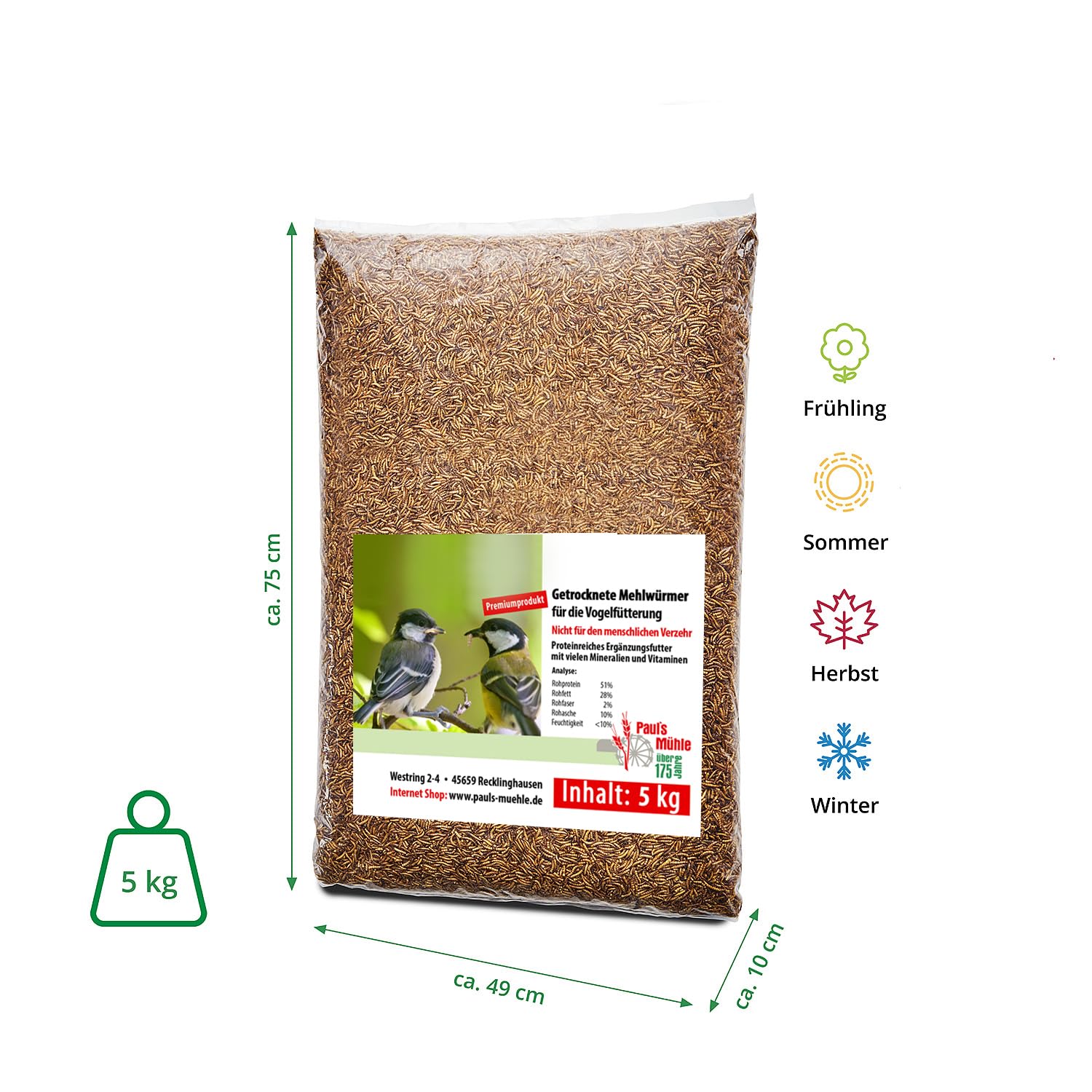 Paul's Mühle Mehlwürmer getrocknet 5 kg Premiumqualität