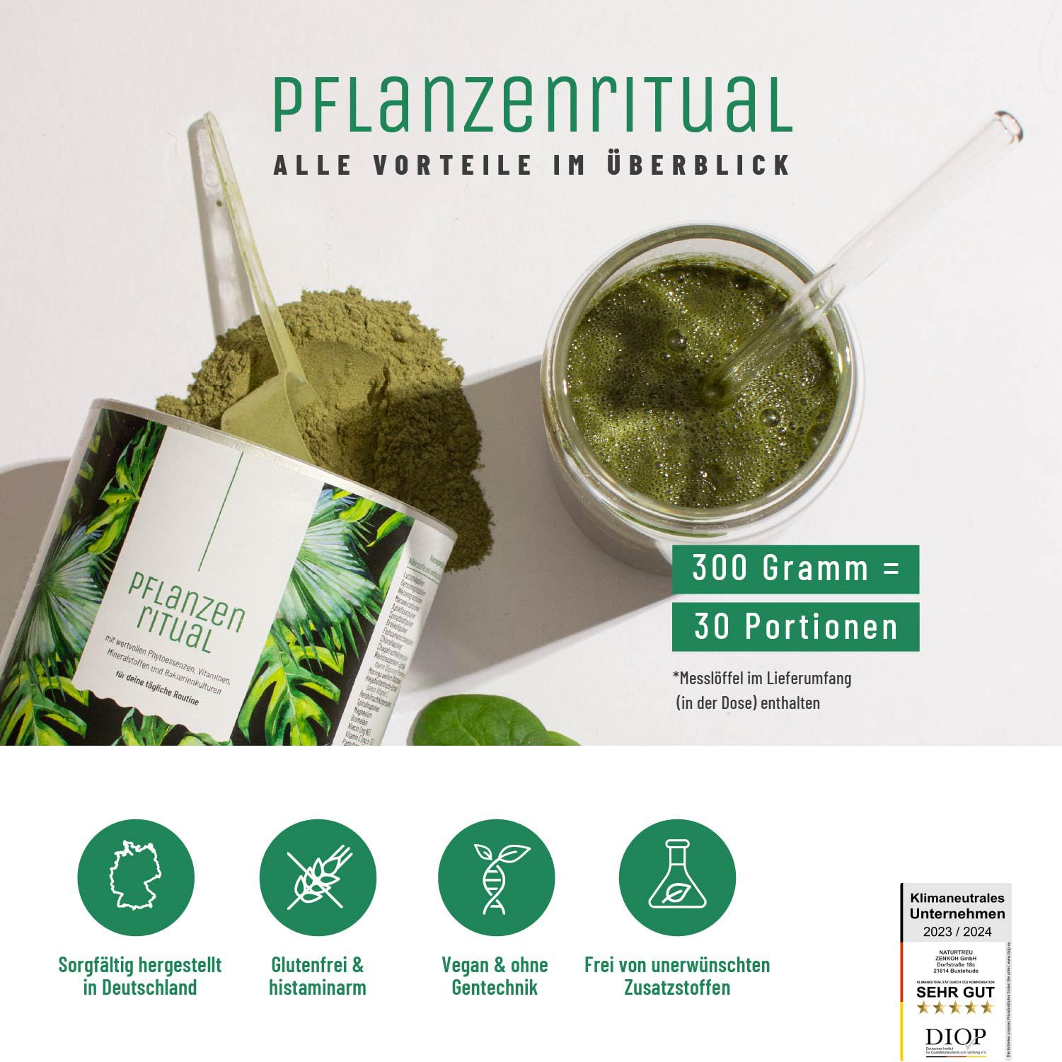 NATURTREU® Greens Pulver - 300g Smoothie Powder mit Weizengras, Gerstengras, Lucuma, Maca, Spinat, Moringa, Spirulina und mehr grünen Helfern - 100% vegan - in Deutschland hergestellt
