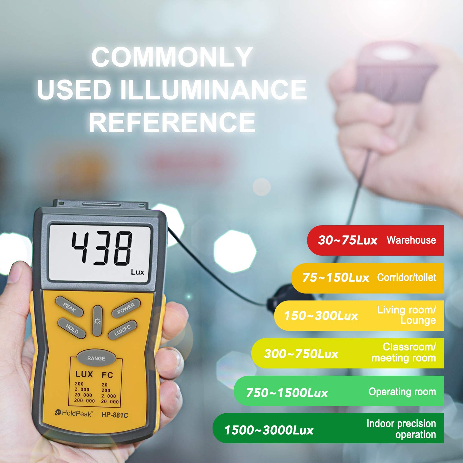 Digital LUX Meter HOLDPEAK 881C Light Meter Measure Range 0.1200,000 Lux, 0.0120,000 FC Light