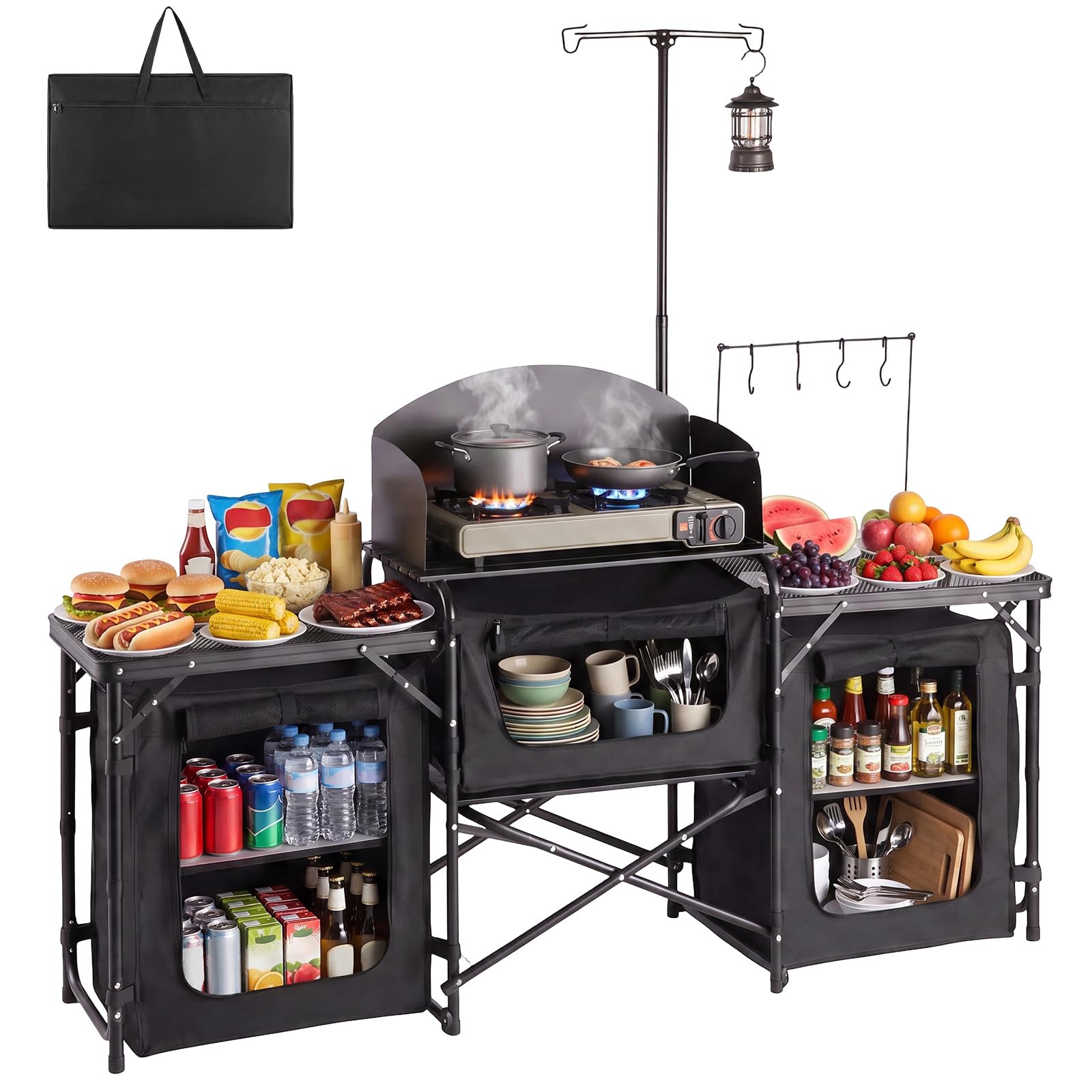 VEVOR Mobiletto Cucina Portatile Pieghevole da Campeggio, Mobiletto da Campeggio 2 Tavolini Laterali Rete Metallica Paravento Rimovibile per Fornello 3 Scomparti Portaoggetti, Stazione Cucina BBQ