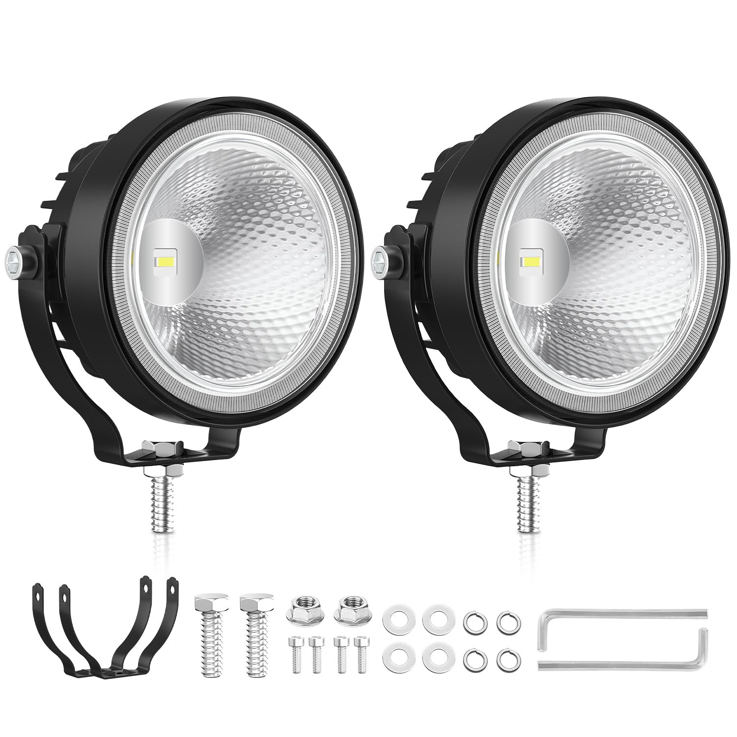 2 Pezzi Fari da Lavoro LED 60W 4 Pollici Rotondi, DC 12V-24V Faro Proiettore IP68 Impermeabile, Luci Ausiliarie per Trattore, Mezzi Edili, Camion, Escavatore, Atomizzatori Agricoli