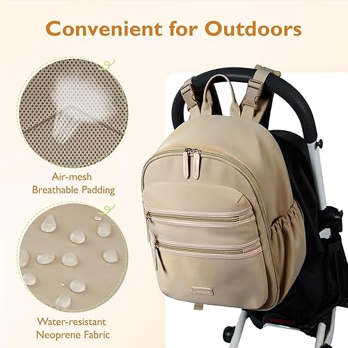 Miniatura 5 de mommore Mochila de neopreno para pañales de bebé, pequeña mochila de viaje para recién nacidos, con bolsillos aislados, correas para cochecito