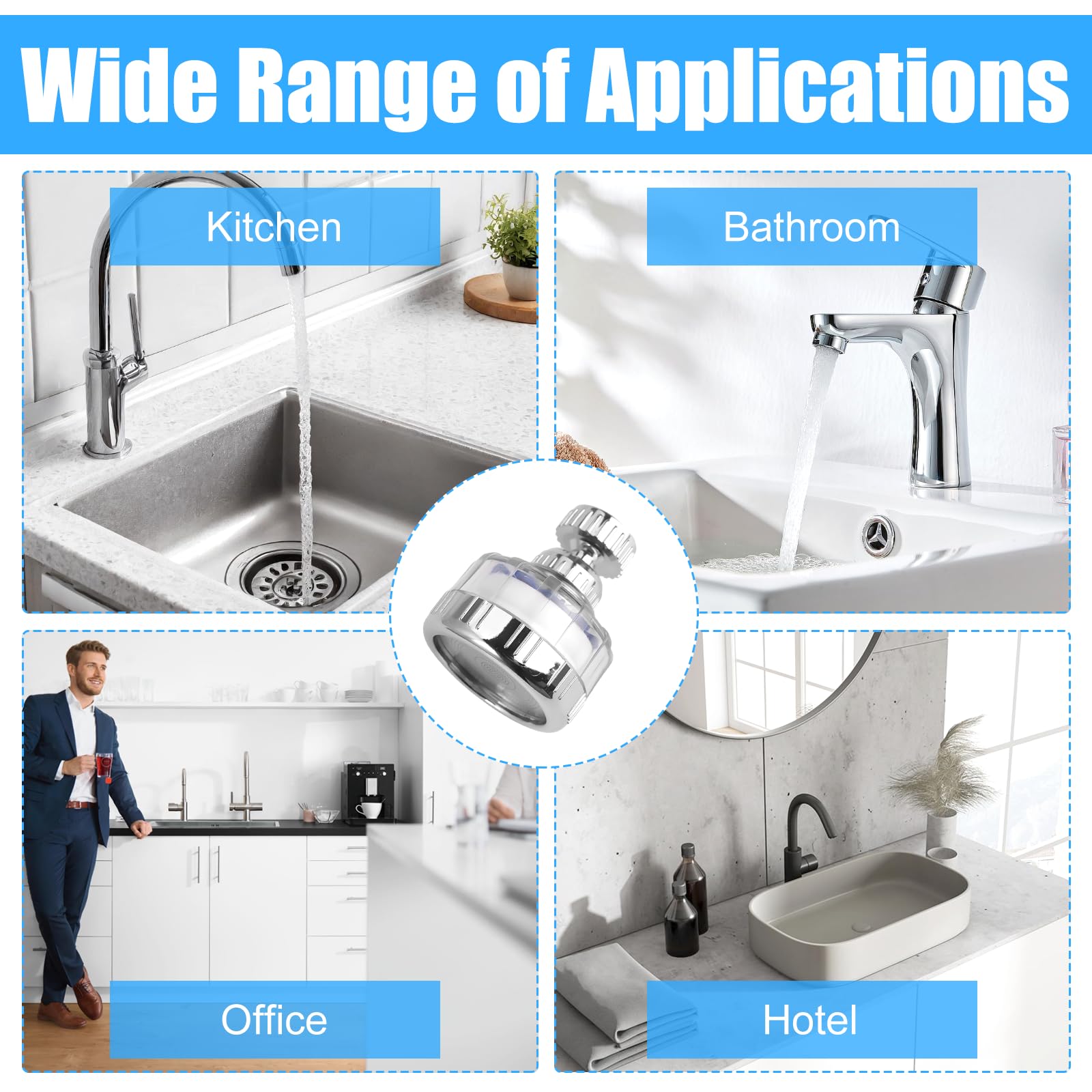Filtro Acqua Rubinetto con 6 Elementi Filtranti in Cotone PP, Filtro Calcare Rubinetto Cucina Girevole A 360°, Filtri per Montaggio del Rubinetto, per Cucina, Bagno, Lavandino