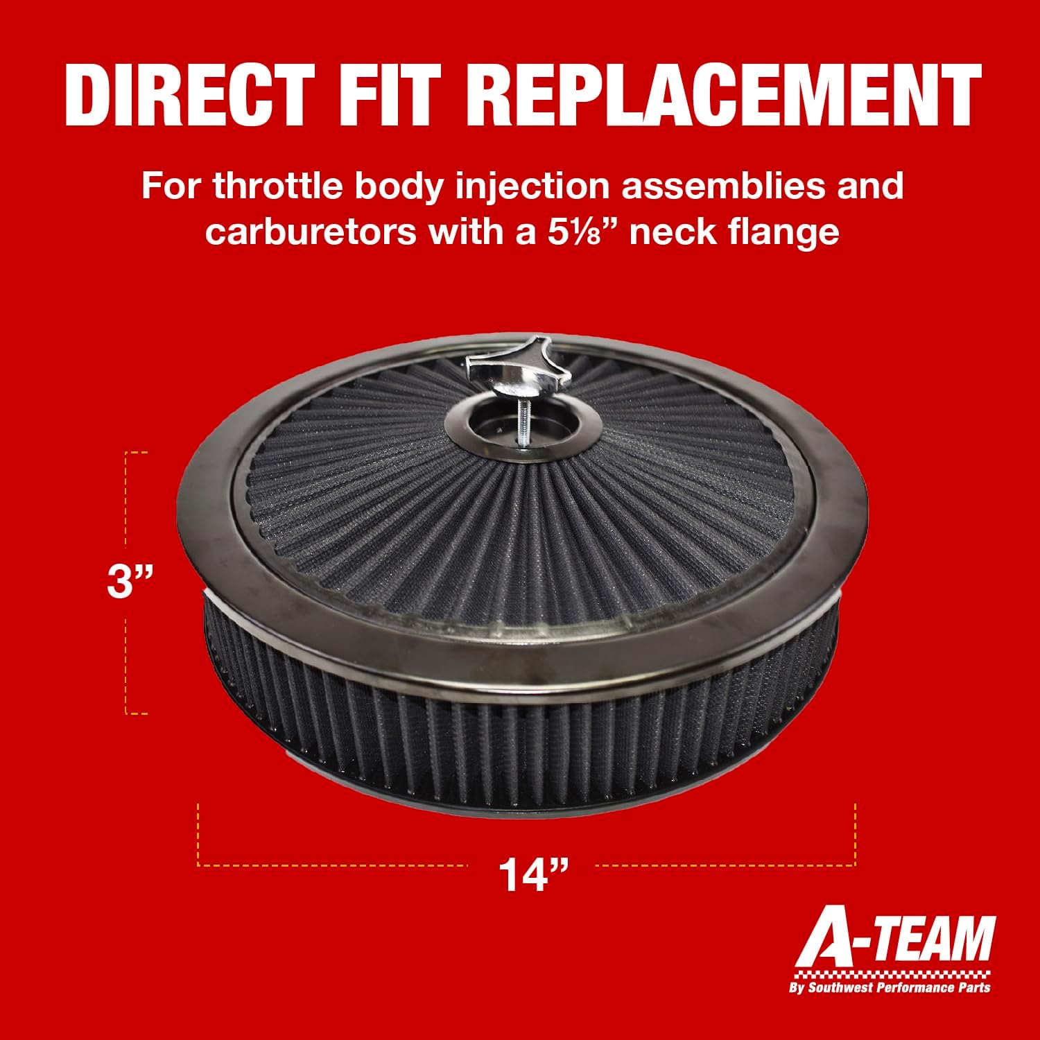 A-Team Performance High Flow Throttle Body Air Intake Filter - 14 in x 3 in, Round, Black - Carburetor Air Filter Kit - Washable & Reusable Design - Compatible with Chevrolet, GMC & Ford Models