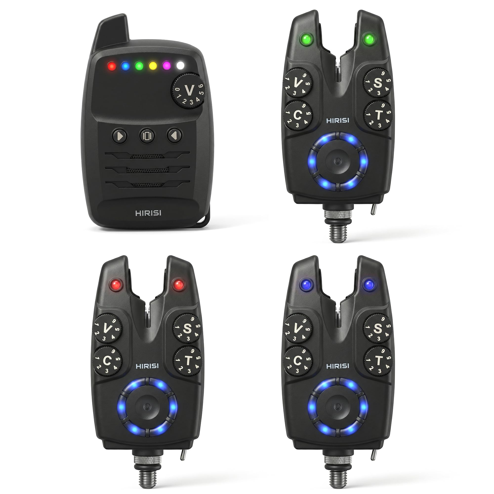 Hirisi Tackle Carp Bite Alarm Set with Wireless Remote Control, 6 Adjustable Colours, Sensitivity, Volume & Tone, Includes Lanyard (FBA-S4-3)