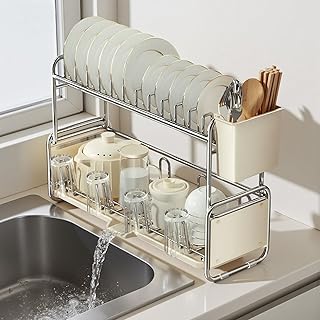 yazi 水切りスリム ステンレス 食器 水切りカゴ 2段大容量 キッチン シンク上 自動排水 食器乾燥ラック 省スペース幅17cm 箸・コップ・お皿立て 洗い物ラック 人気キッチン収納用品