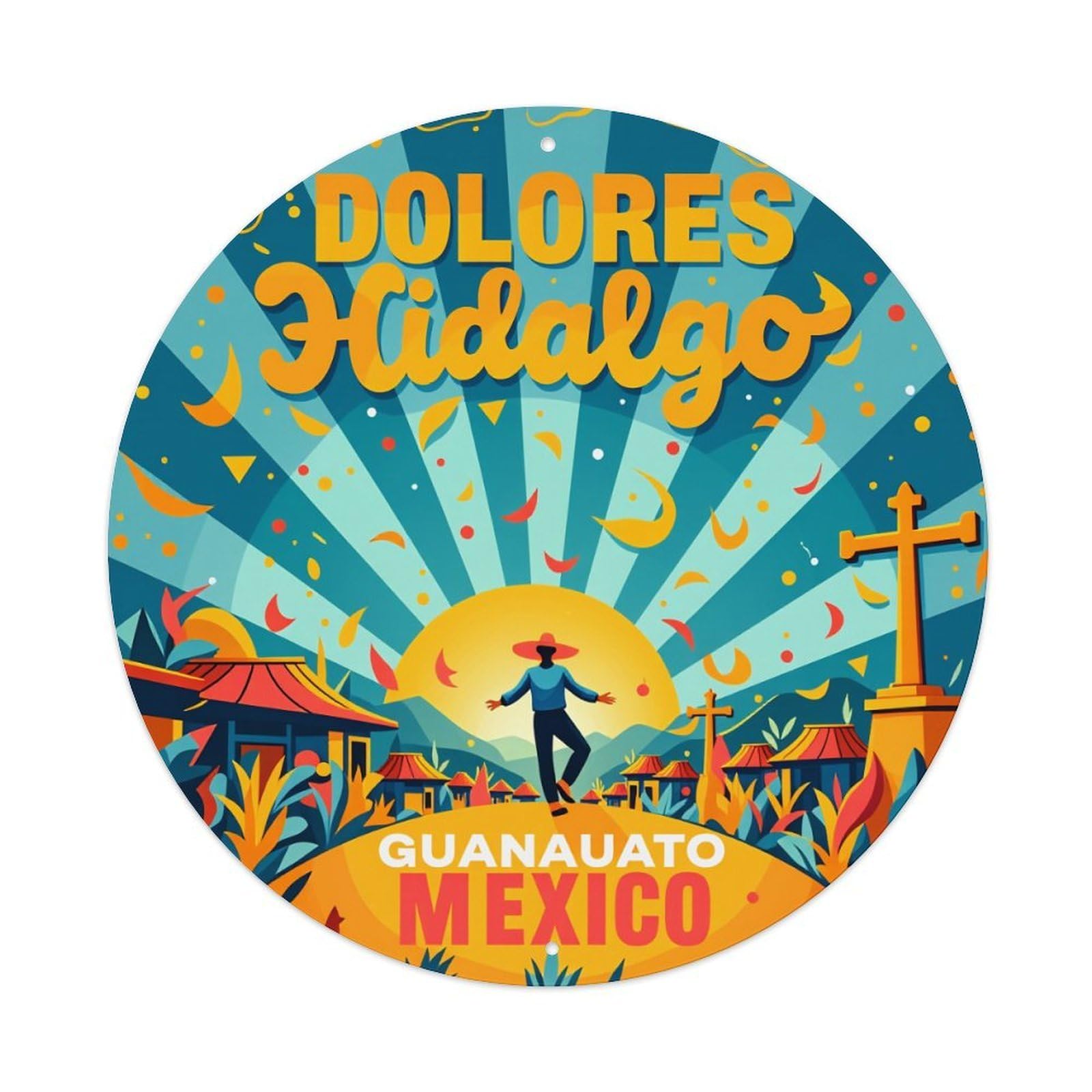 Colorful Mexican Town Scene With Sun And Cross Round Tin Sign Vintage Style Metal Sign Home Bar Garden Wall Plaque Decor Metal Poster 8x8 Inch