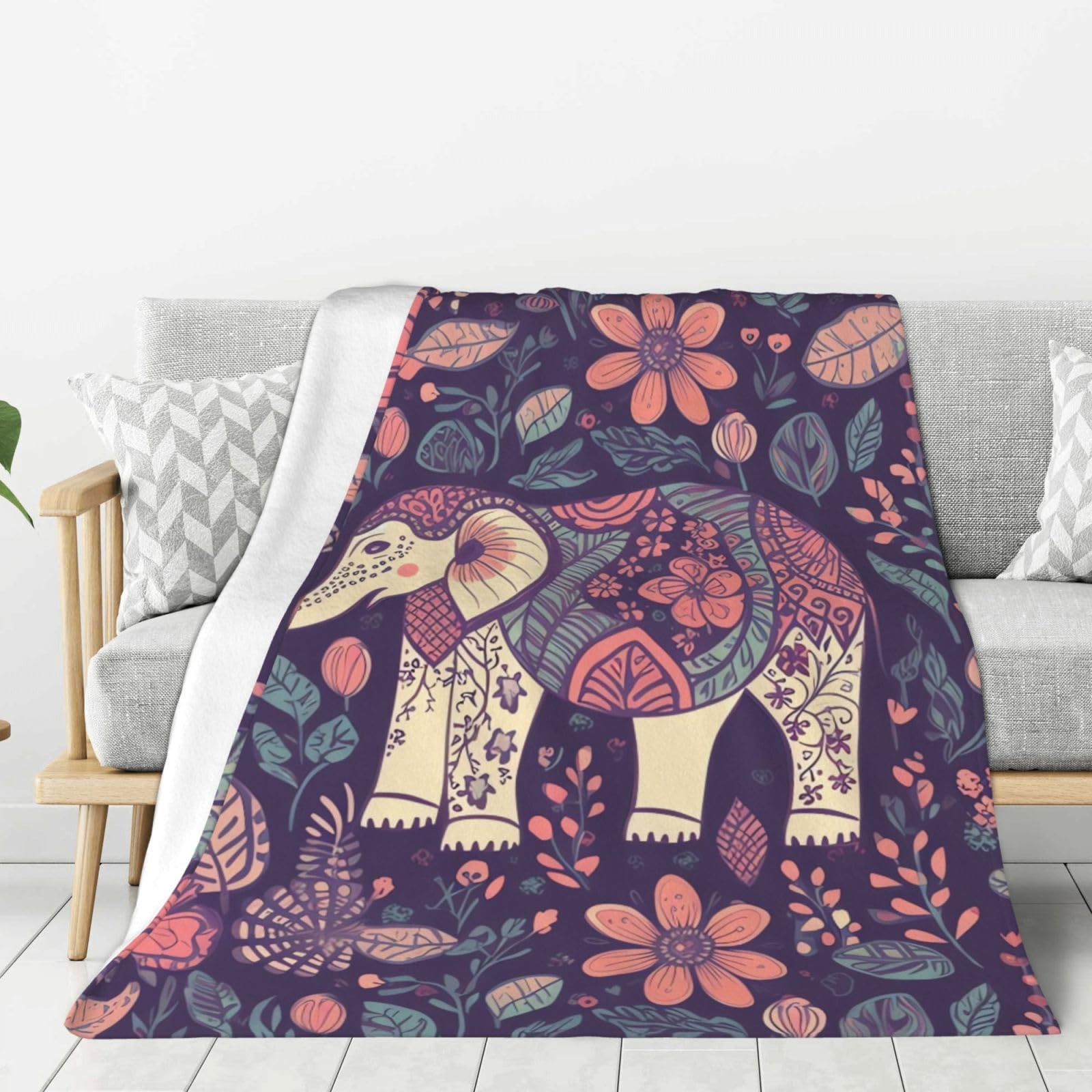 Flower-Elephant Throw Blanket Plush Flannel Fleece Blanket, Soft Lightweight Cozy Blankets 60"X50" for Bed Couch Sofa Travel