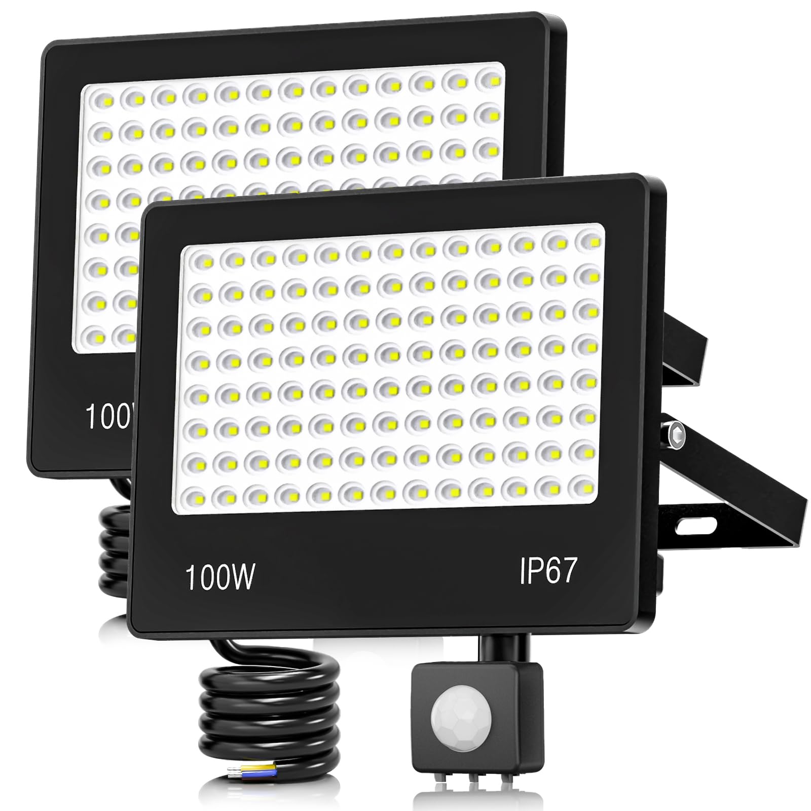 100W 10000LM Strahler mit Bewegungsmelder Aussen, 2 Stücke 104 LEDs Fluter Super Hell Kaltweiß LED Scheinwerfer 6500K, IP67 Wasserdicht Außenstrahler für Garten, Innenhöfe, Garage, Fahrbahn