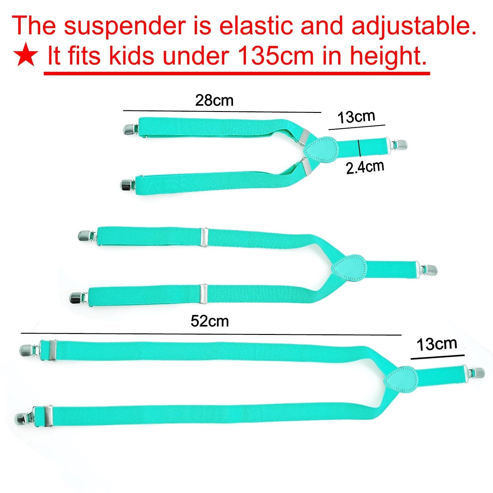 JZK Conjunto pajarita y tirantes verde azulado brillante para niños menos 135 cm, ajustable con clip forma Y tirantes con pajarita para infantil pequeños, para bodas, fiestas