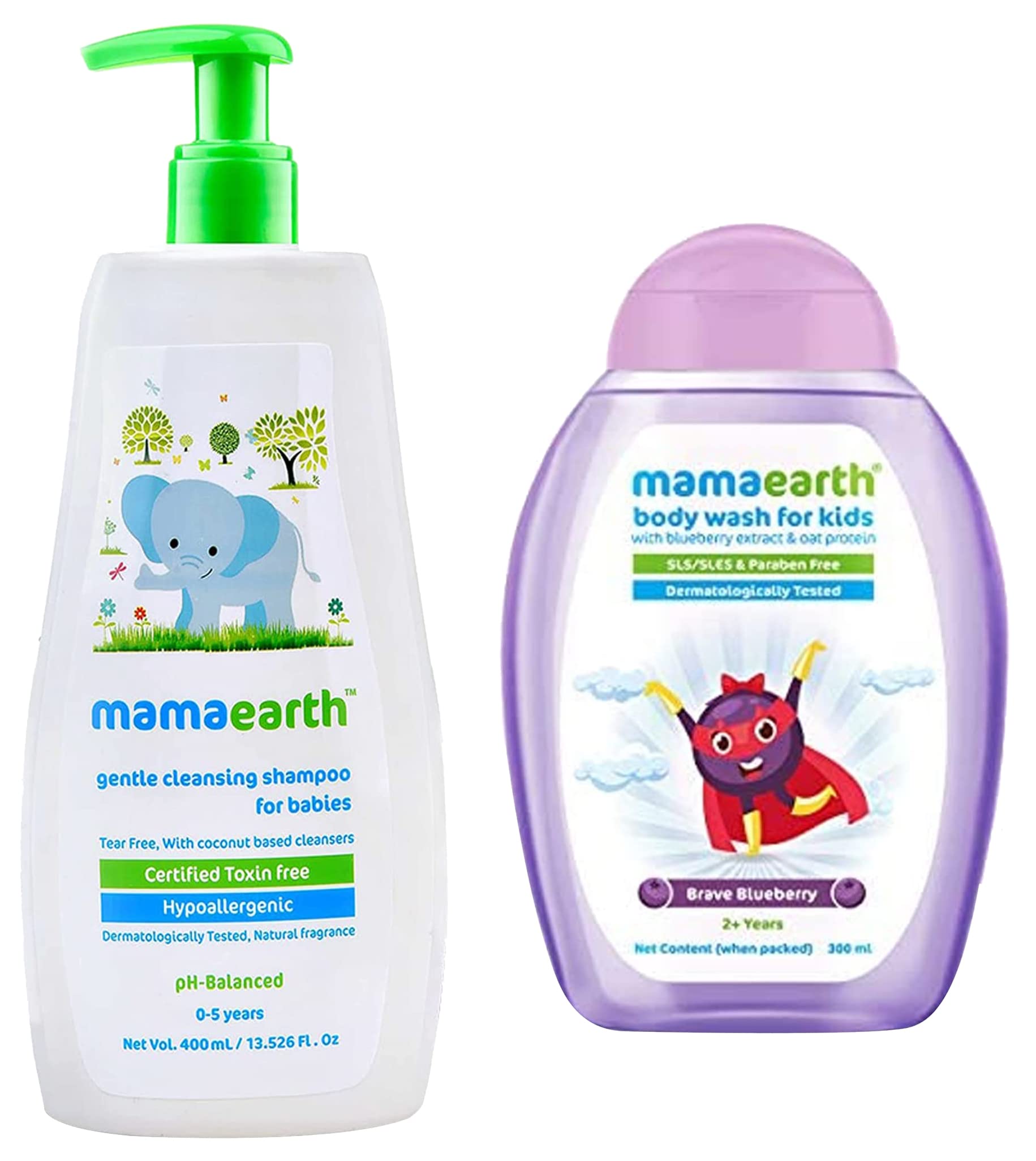 Mamaearth Gentle Cleansing Natural Baby Shampoo, 400ml (White) & Brave Blueberry Body Wash For Kids with Blueberry Oat Protein 300 ml, 1 count
