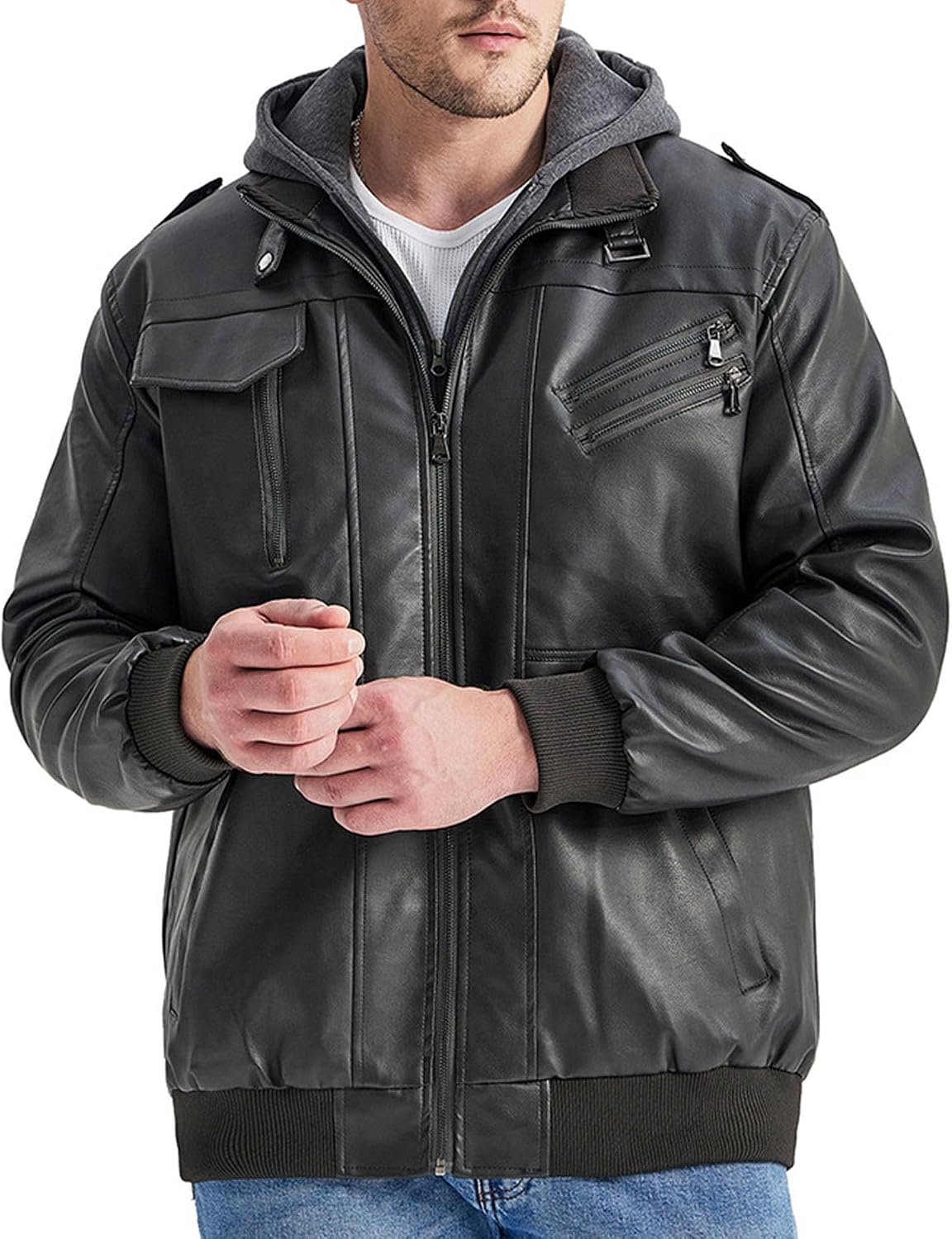 Men's Faux Leather Jacket Warm Windproof Leather Jackets Fall Winter Motorcycle Biker Coat with Removable Hood