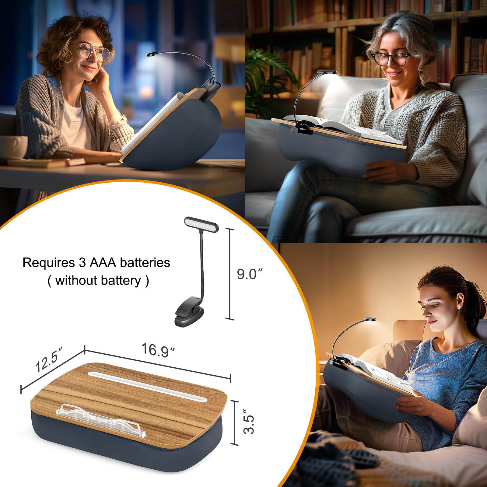 Lesebuch-Kissenständer mit 3-farbigem einstellbarem Licht | Freihändiger Buchhalter für Bett oder Schoß, Holzoberfläche, AAA-Batterien erforderlich