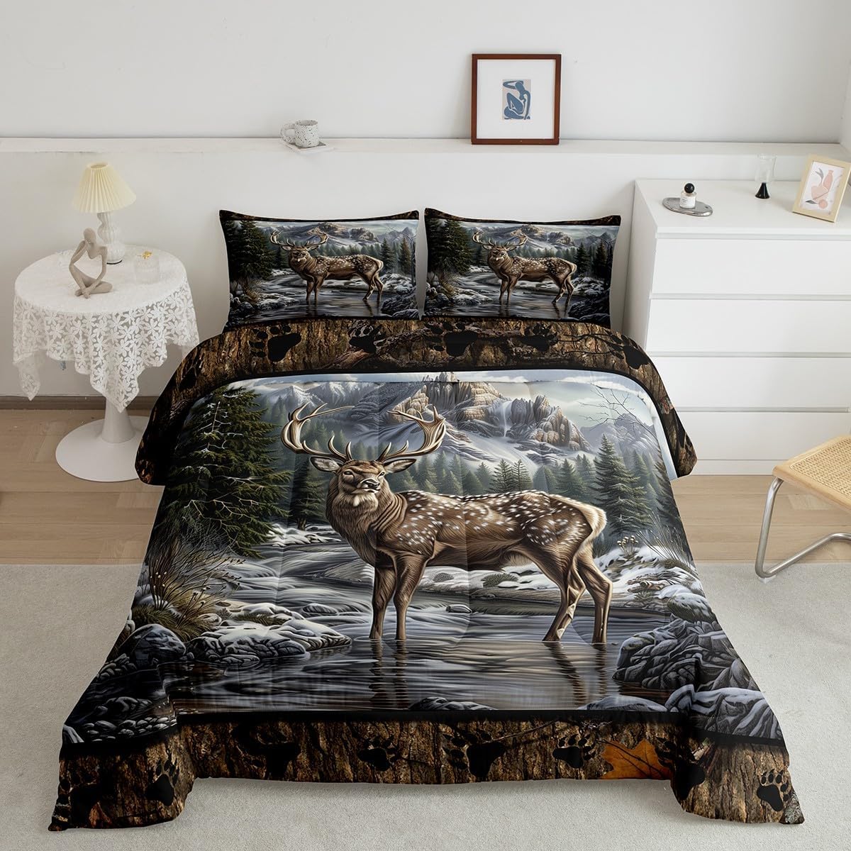 Farmhouse Queen Bedding Set for Kids Adults,Deer Hunting Comforter Bed Set Boys Men Bedroom Decor,Rustic Bear Footprint Print Quilt Set 3 PCS,Vintage Cabin Brown Duvet Insert,2 Pillow Cases