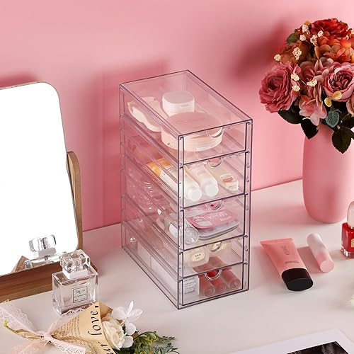 Miniatura 2 de RAMFIYN Caja de belleza apilable transparente con 5 cajones, cajones estrechos de almacenamiento de acrílico, cajones de almacenamiento delgados,