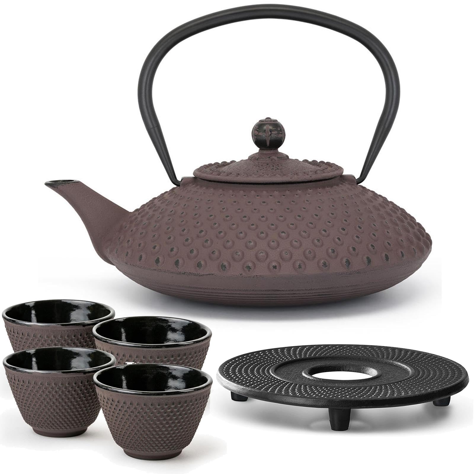 Bredemeijer Gusseisen Teekanne 1.25 Liter Induktion - flache Asia Gusskanne aubergine im Set mit 4 Teebecher (Tassen) & Untersetzer & Teefilter-Sieb-Einsatz