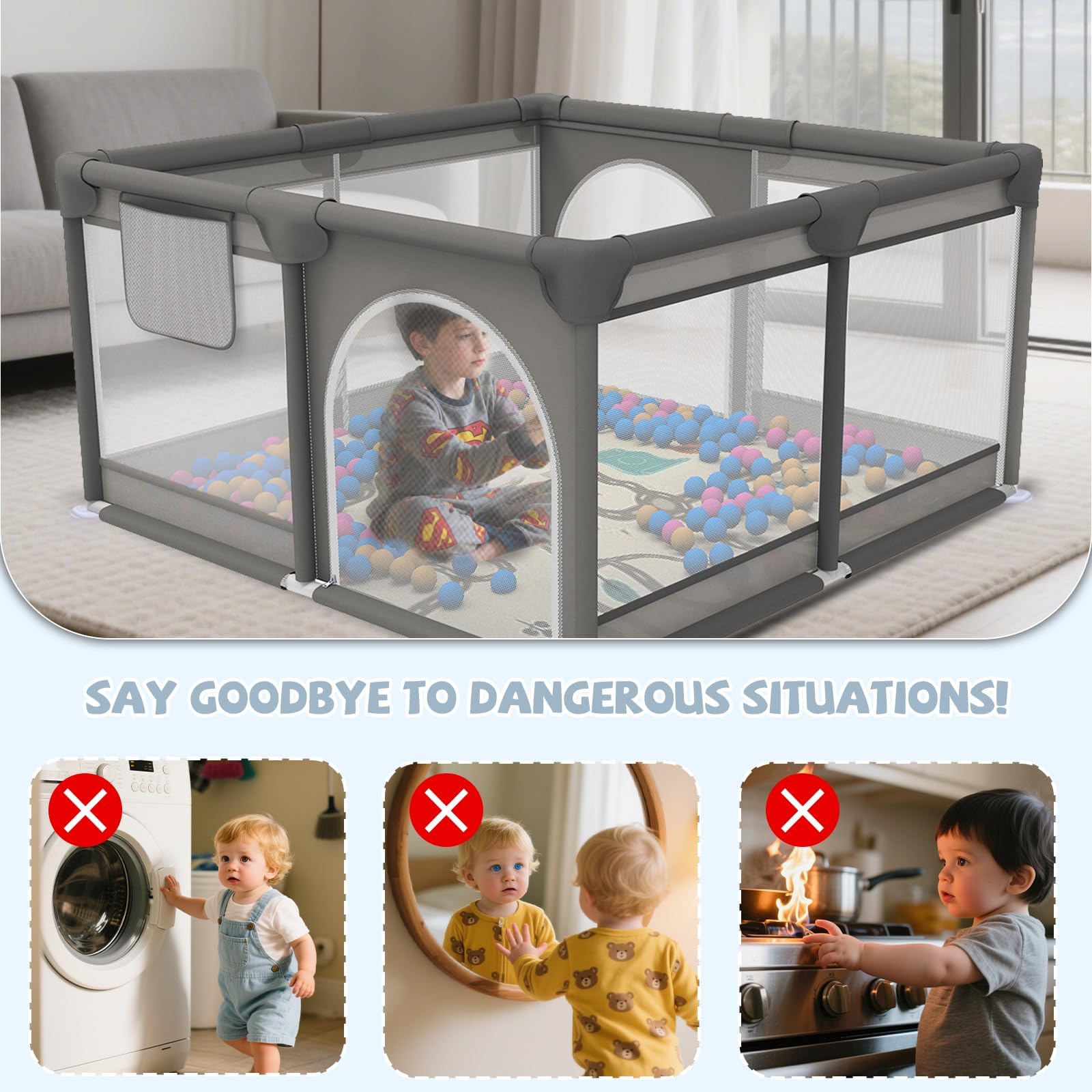 Laufstall Baby mit Matte, Laufgitter Baby mit Atmungsaktivem Netz und Reißverschluss für Wohnungen, Kleinkinder Laufstall mit 4 Saugnäpfen, Innen&Außen (120 * 120cm)