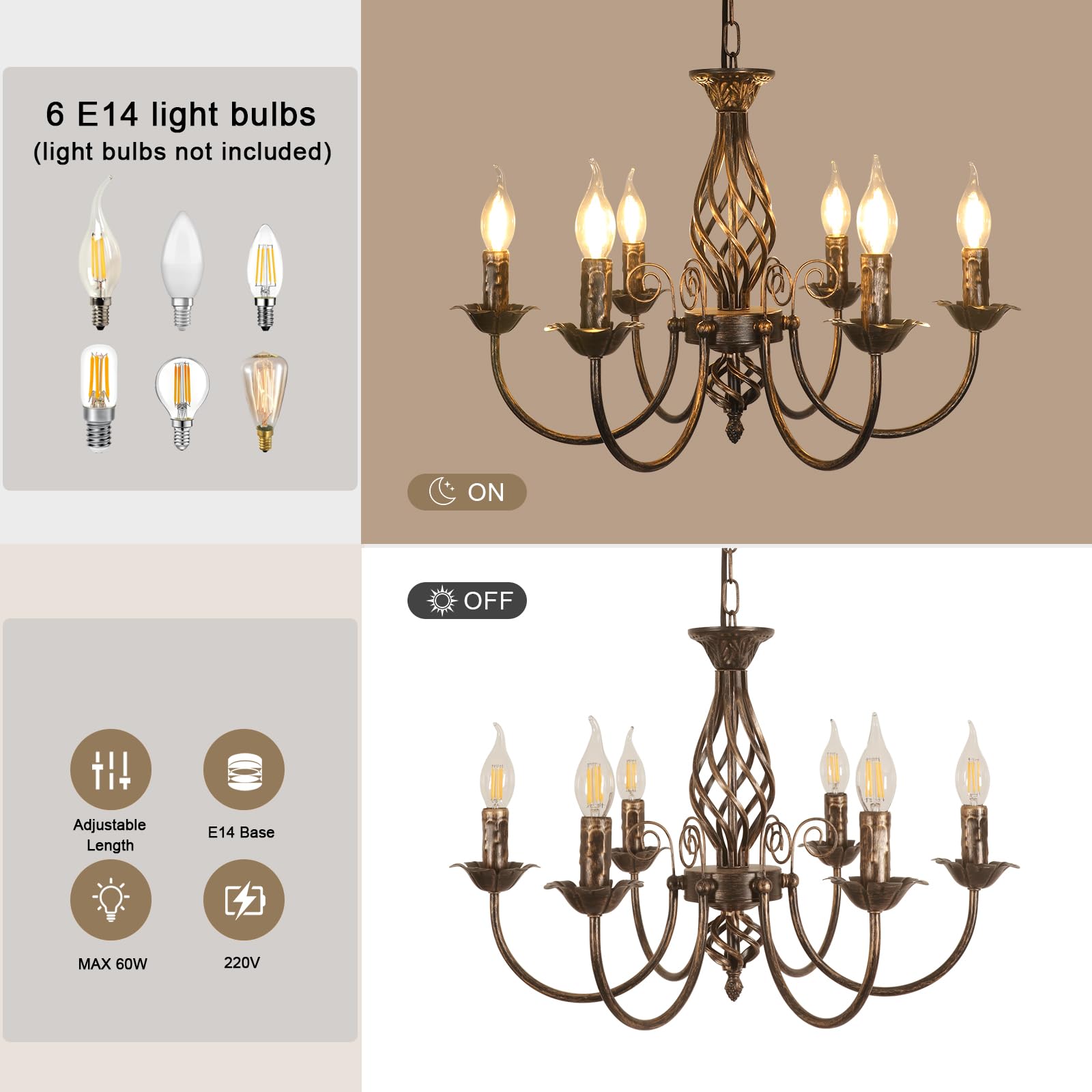 Comely Lustres Rétro Fer Pendentif, Réglable Hauteur Suspension Luminaire | Lustre Fer Forgé, Bougie Classique Noir E14 Chandelier pour Manger Cuisine