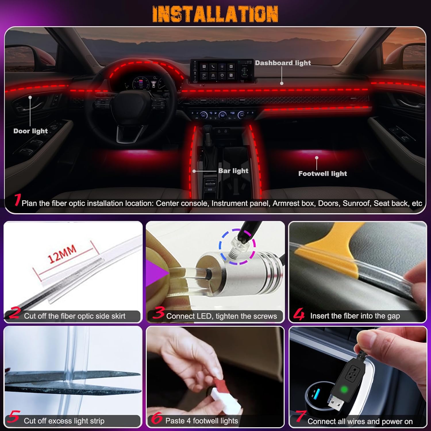 Car LED Lights, Interior Car Lights with Wireless APP/RF Remote/Button Control, Car Ambient Lighting Kit with 236" Integrated Molding Fiber Optic RGB Sync to Music (9 in 1-USB)