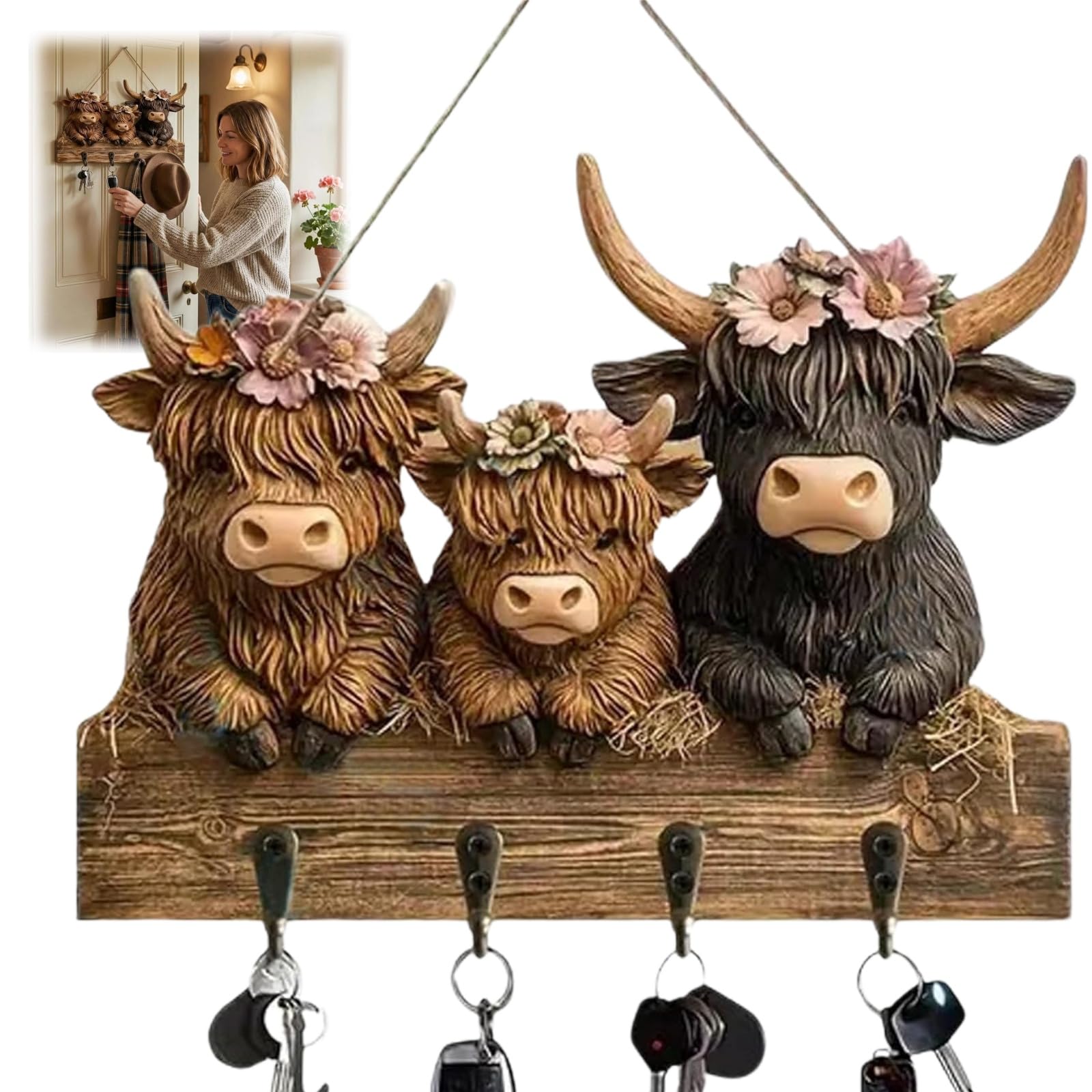 Highland Cow Key Holder for Wall,Wooden Key Rack with 4 Hooks,2D Rustic Wooden Key Rack,Large Highland Cow Ornaments & Home Decor,Rustic House Key Holder Wall Mounted,Gifts for Highland Cow Lovers
