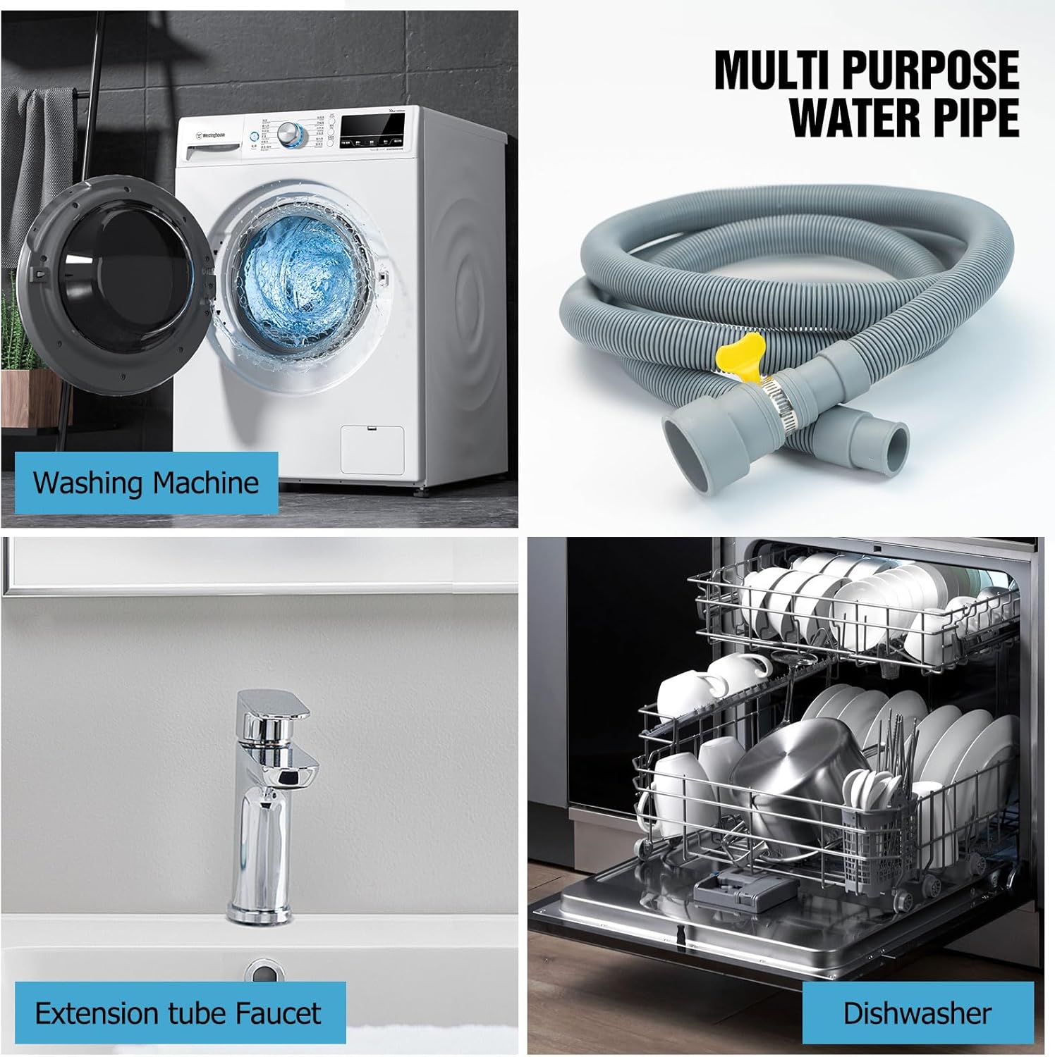 4.9 Feet Universal Washing Machine Drain Hose Flexible Dishwasher Drain Hose Extension Kits Corrugated Washer Hose w/ 1 Adapter 2 Hose Clamps 1 U-Bend Hose Holder