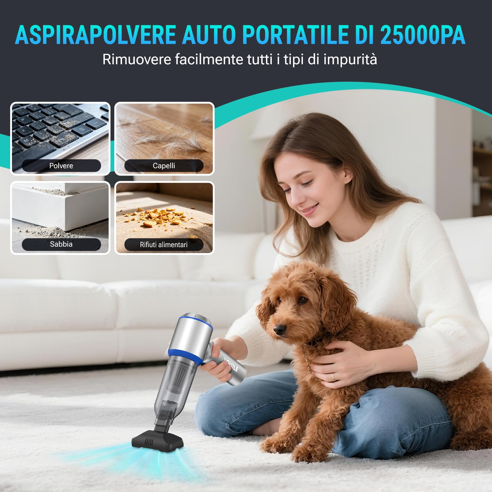 Aspirabriciole Senza Fili 4 in 1, Aspirapolvere Auto 25000PA Aspirapolvere Senza Fili Potente con Motore Brushless, Mini aspirapolvere Soffiatore Aspiratore per Casa, Ufficio, Cucina, Peli Animali