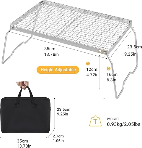 Miniatura 10 de YETO Parrilla de camping de dos alturas con patas de acero inoxidable 304 plegable para fogata sobre fuego portátil y bolsa de transporte para