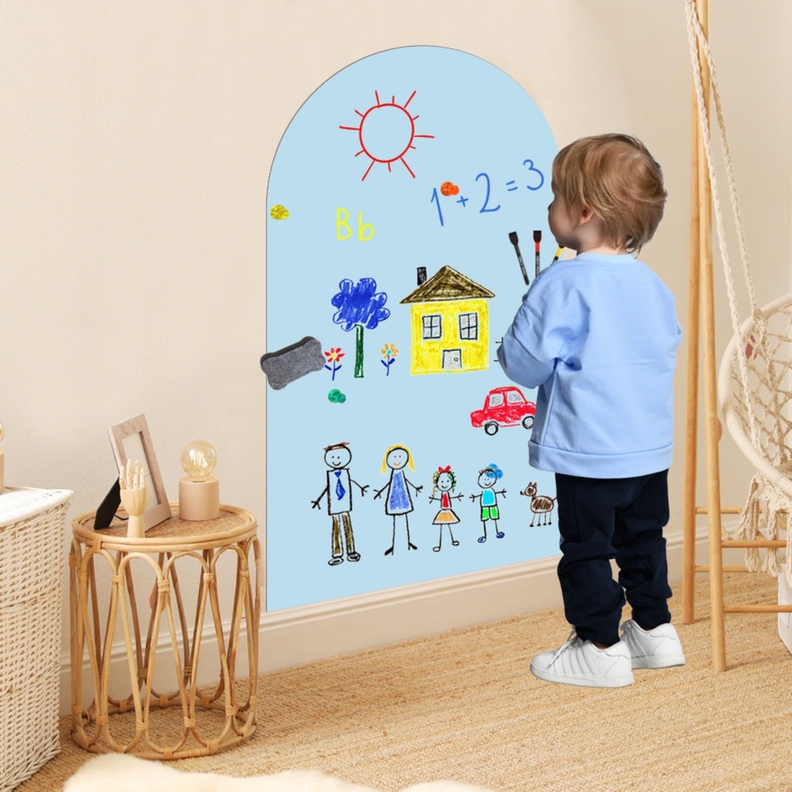 Lavagna magnetica per bambini, decalcomania da parete, 40 x 90 cm, in PVC, rimovibile, per asilo, sala giochi e aule (blu)