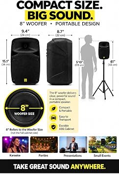Bowens Dual 8 Inch 400W PA System Portable Speakers with Bluetooth, USB/SD, LCD & Remote DJ Sound System with Wireless Karaoke Microphone for Singing/Microfono & Stands