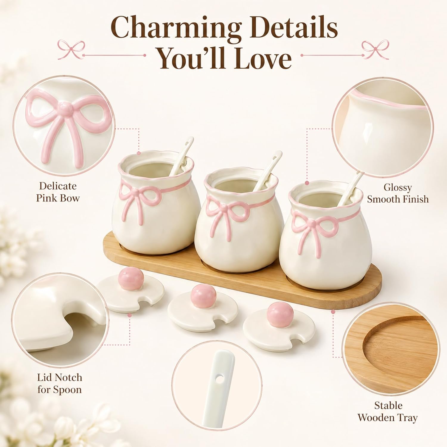 Domensi 3 Pcs Pink Bow Condiment Jars with Spoons Tray, Cute Containers