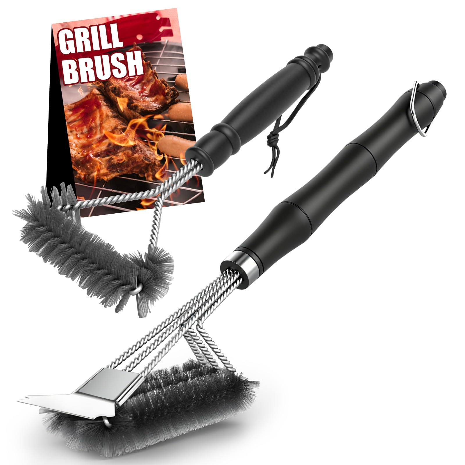 2 Pcs Cepillo Barbacoa, Cepillo Parrilla con Raspador, Limpieza Cerdas Alambre Acero Inoxidable, Antideslizante Mango Aislamiento Térmico Grill Brush para Limpiar Parrillas, Redes Asar