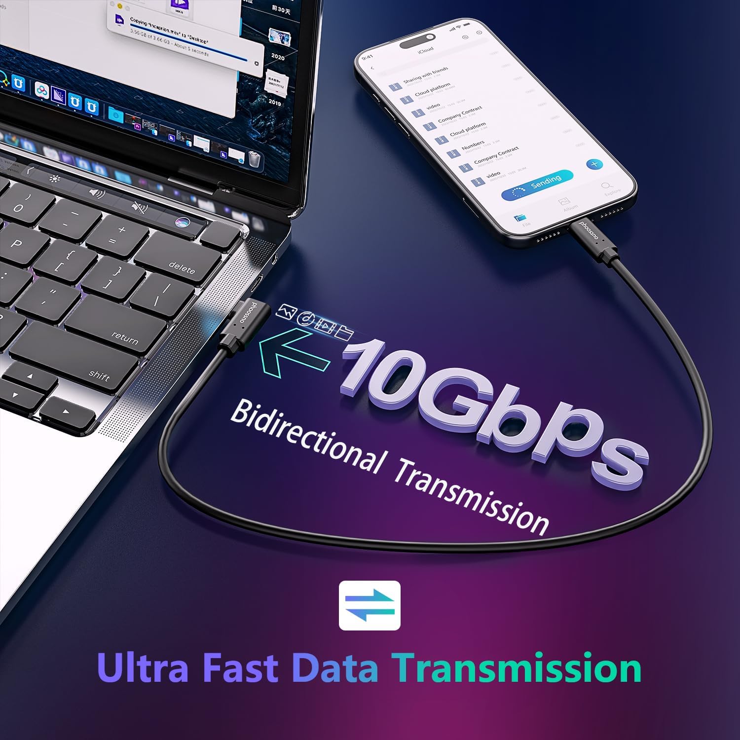 phoossno USB C Cable de fibra óptica 5m derecho, bidireccional 10Gbps Transmisión&60W carga rápida, cable de amarre USB C de grado militar compatible con cámaras, VR&AR, computadoras portátiles ect