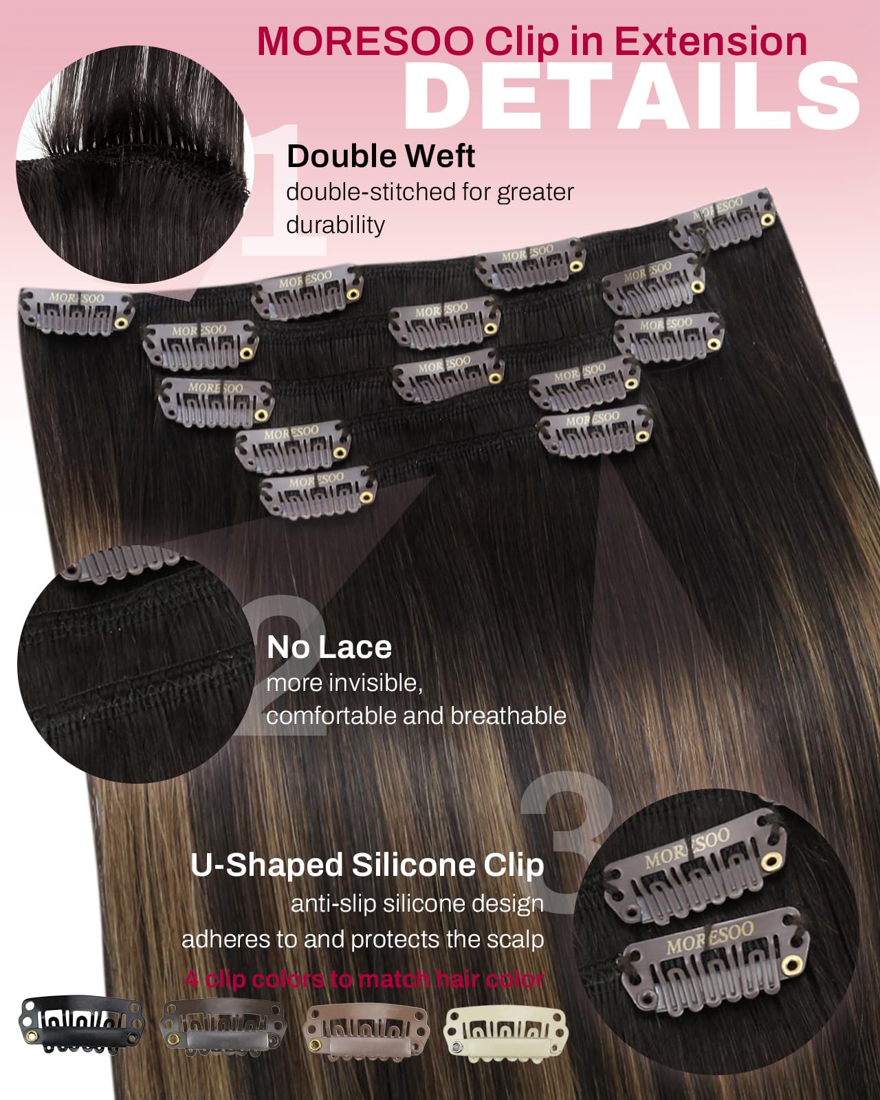 Moresoo Extension Cheveux Naturel Clip Balayage Brun le plus Foncé avec Brun Moyen Extension Clip Cheveux Naturel Remy Lisse Courte #2/6/2 30 cm 5 Pièces 80g