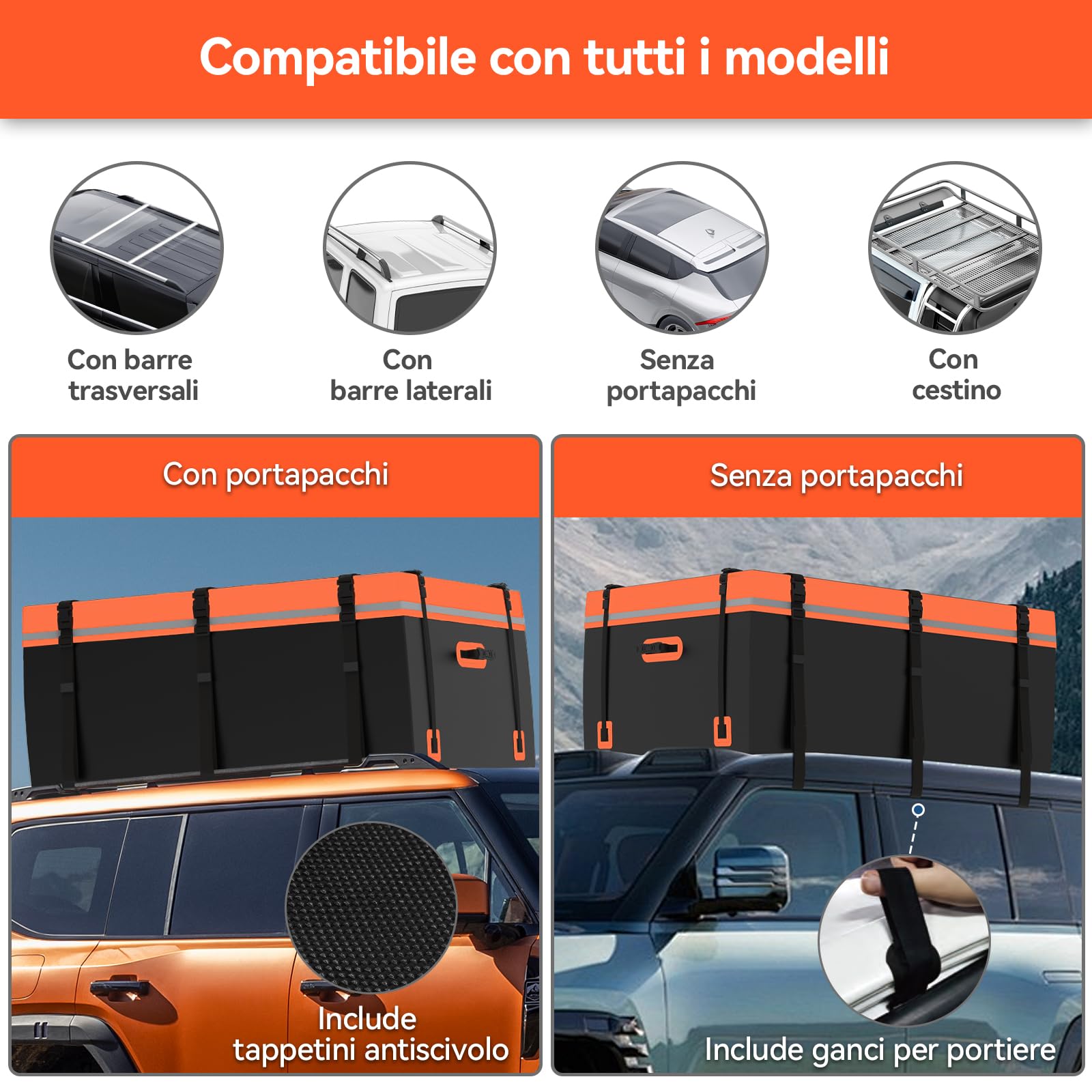 YU YUSING Box da Tetto Auto 600 L, Borsa da Tetto Pieghevole e Impermeabile, Baule Auto Tetto in PVC 500D, 8 Ganci e 8 Cinghie di Rinforzo, Compatibile con/senza Portapacchi, Arancione