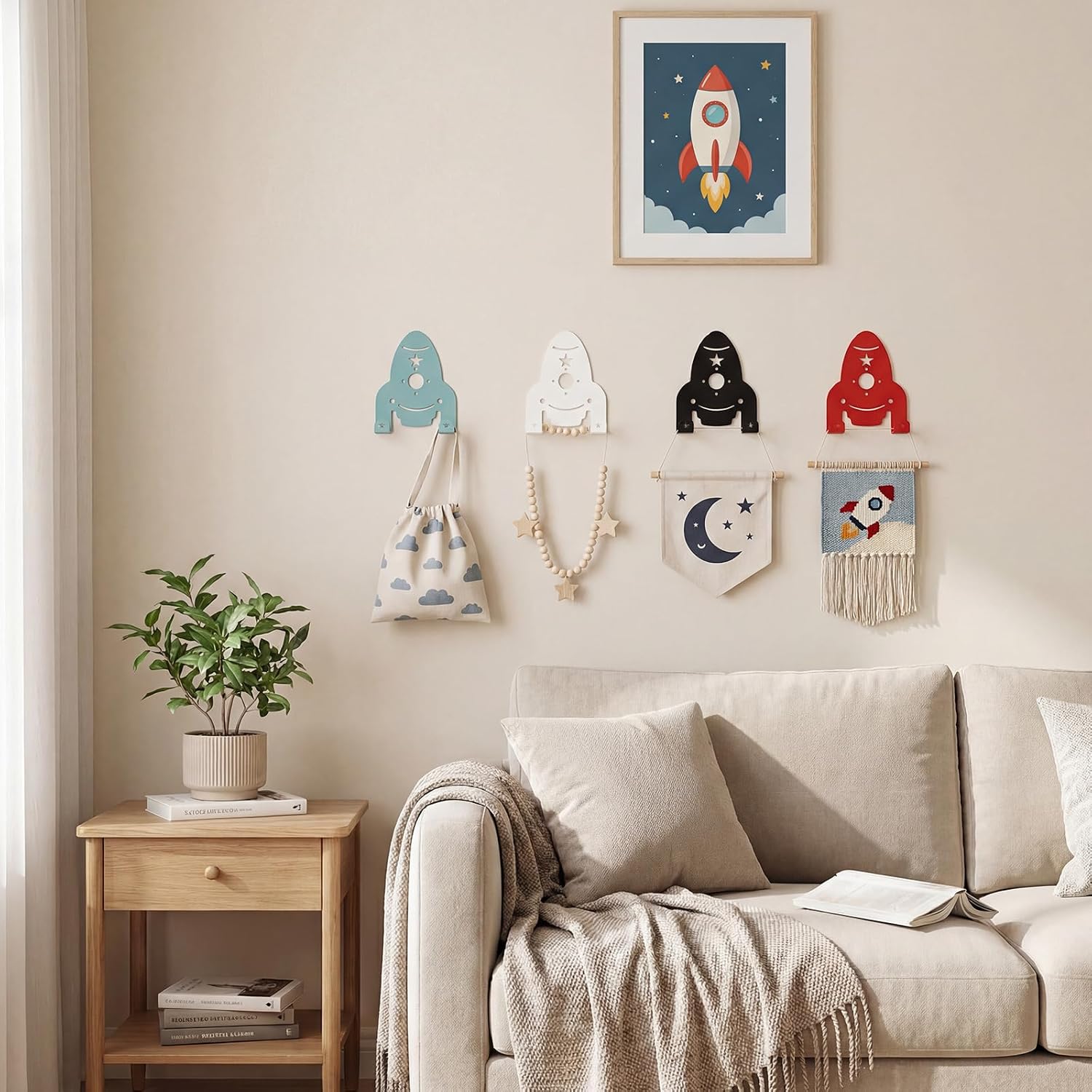 4 Pcs Spaceship Wall Hooks Outer Space Themed Metal Hooks Kids Room Decorative Colorful Cartoon Wall Mounted Keys Holder Cute Double Hangers Boys Nursery Playroom Bedroom Bathroom Decor