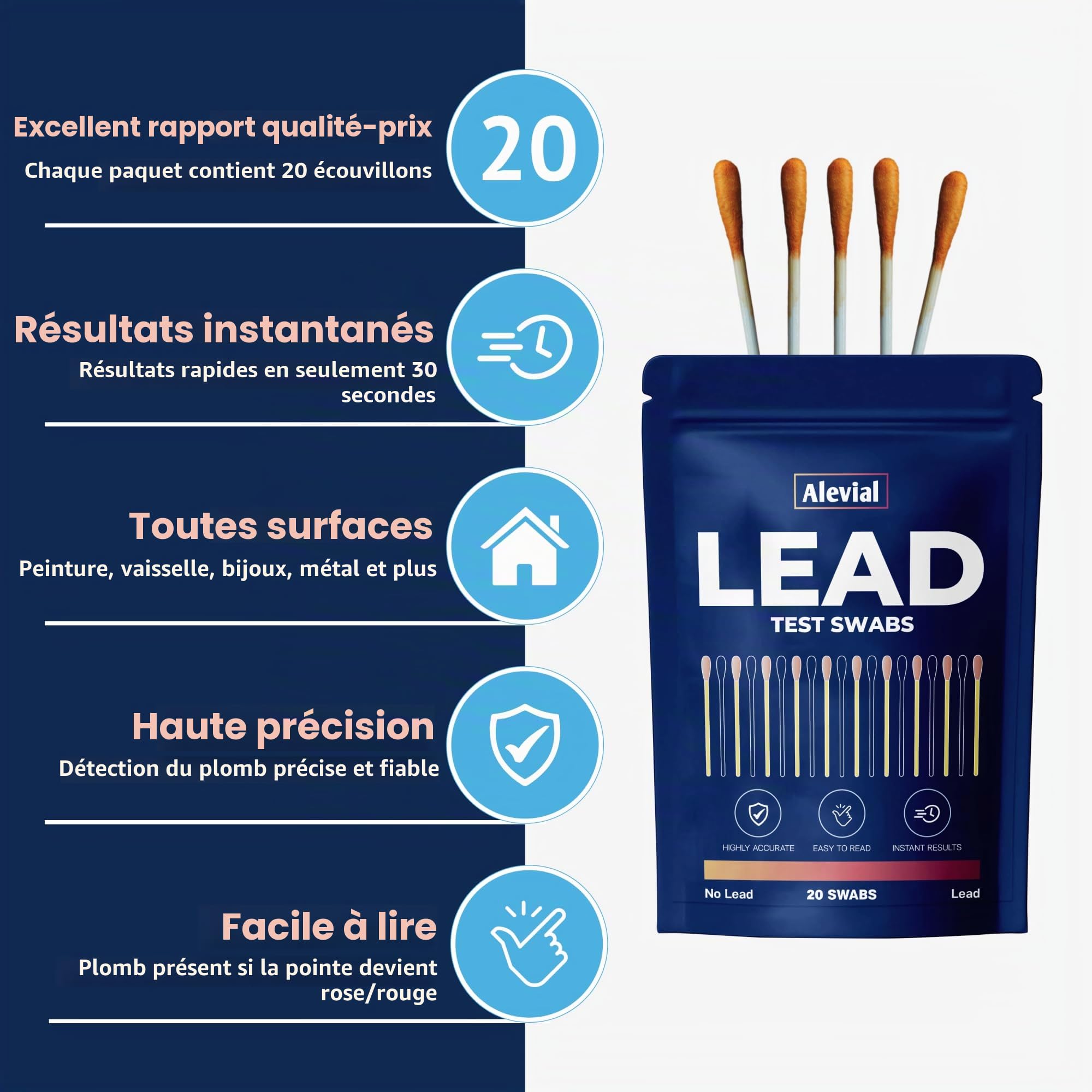 Kit de test de plomb 20 écouvillons instantanés pour la maison dans l'eau (pas de vinaigre nécessaire) Détecteur de plomb Plats Peinture Détection de surface métallique