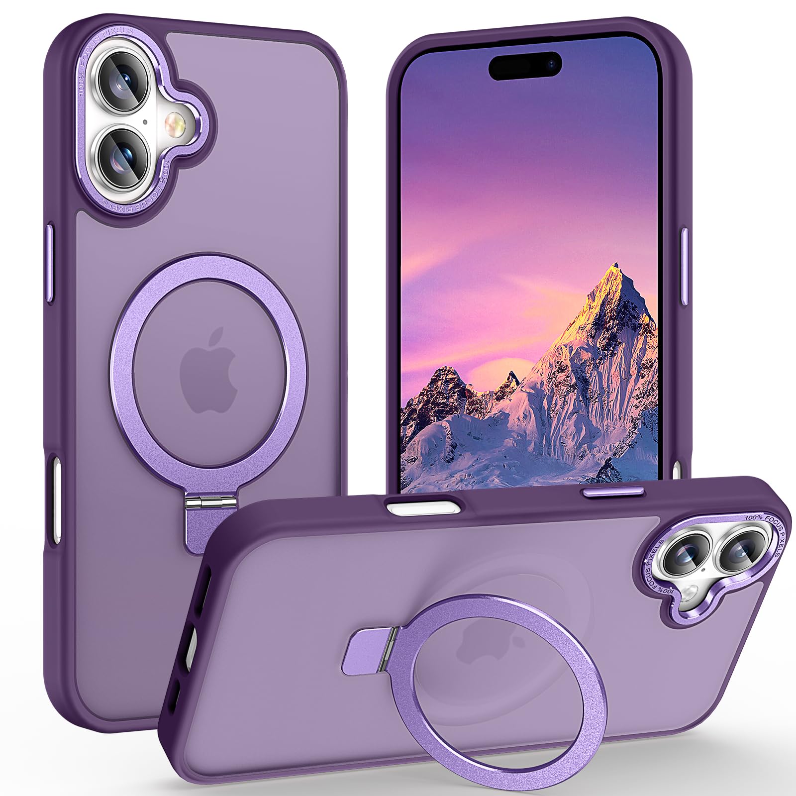 Lufanbis Magnetic for iPhone 16 Case with Ring Stand, [10 FT Drop Protection] [Velvety Touch] Slim Translucent Matte Back Shockproof Phone Case for