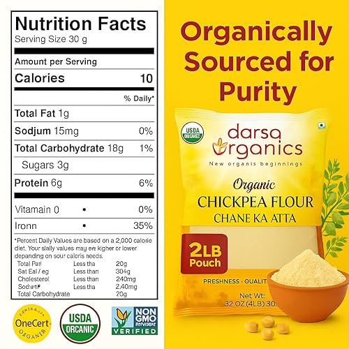Miniatura 2 de Darsa Organics Harina de garbanzos, 2 libras  Harina de garbanzo de grado prémium certificada por USDA Orgánico, Besan para cocinar, Chane Ka Atta,