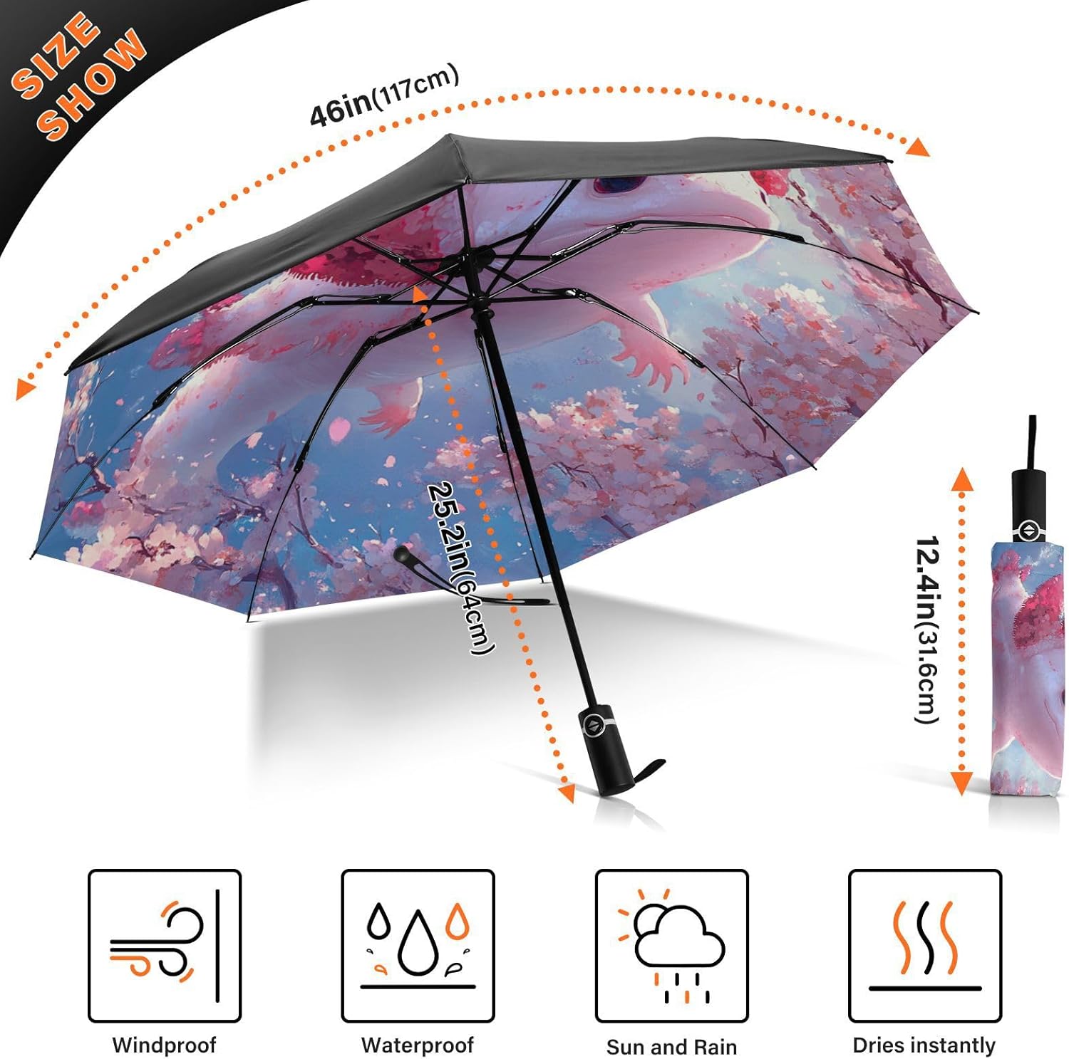 Folding Compact Travel Umbrella - Automatic Open Close, Inverted, Windproof, UV Protection, Large Portable Reverse for Rain and Sun - for Women and Men