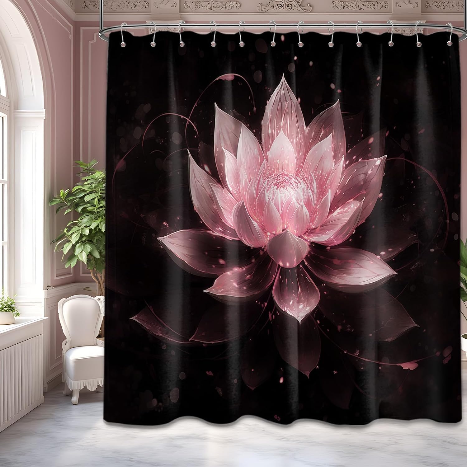 Light Pink and Black Shower Curtain, 72x72 in, Lotus Flower Girls image 4