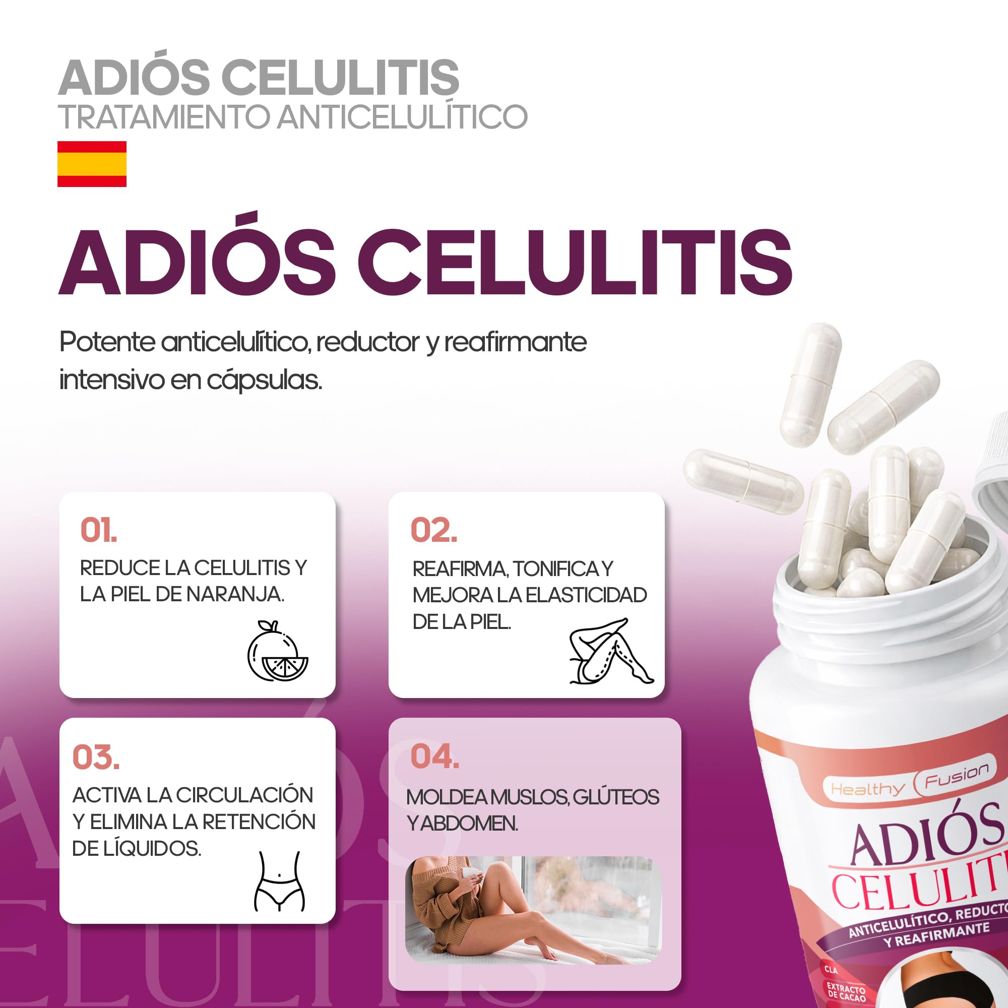Adiós Celulitis Healthy Fusion | Anticelulítico Reductor Potente con L-Carnitina, Castaño de Indias, CLA, Cafeína, Cacao | Elimina celulitis y piel de naranja | Reafirma y tonifica la piel | 100 Caps