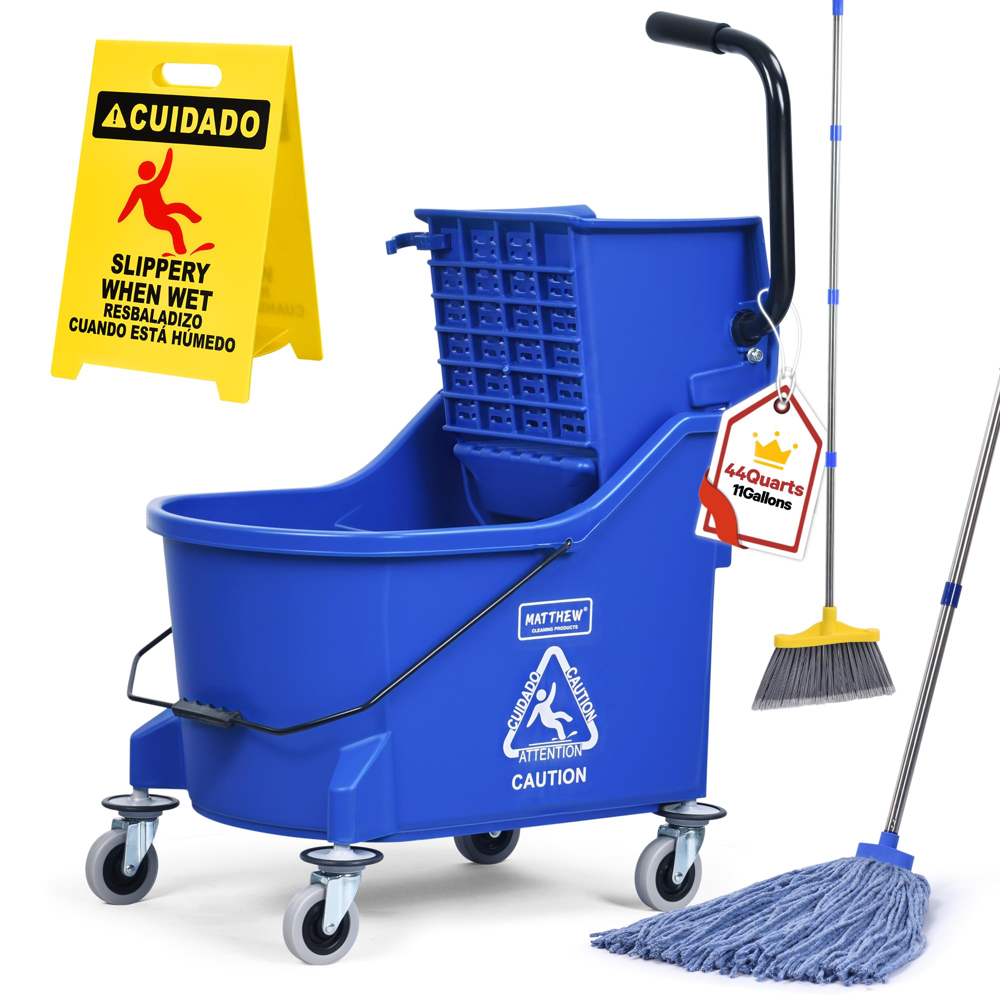 Matthew Cleaning Blue 44Quart Commercial Mop Bucket INCL.Wet String Mop& 19'' Industrial Wet Floor Sign with Side Press Wringer On Wheels,Tandem